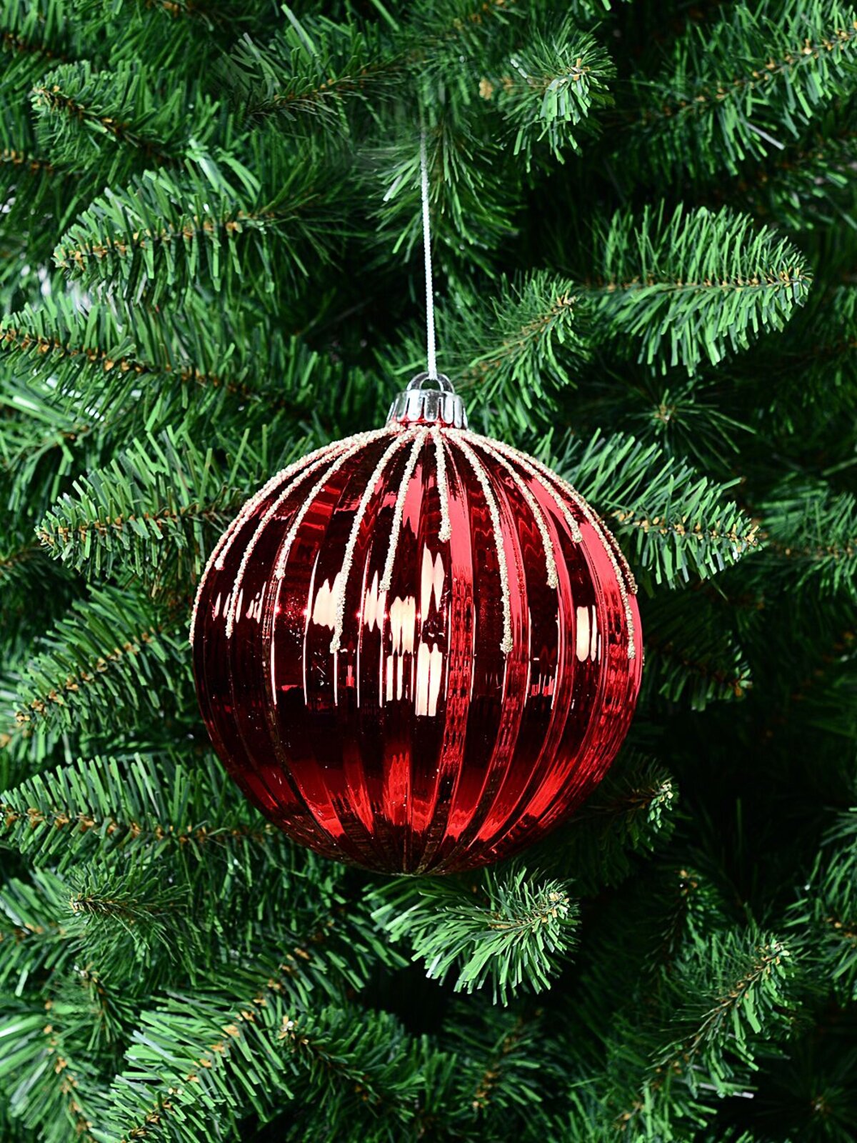 Red Dynamic Grand Pumpkin Ribbed Gold Glitter Bauble | 15cm — image 2