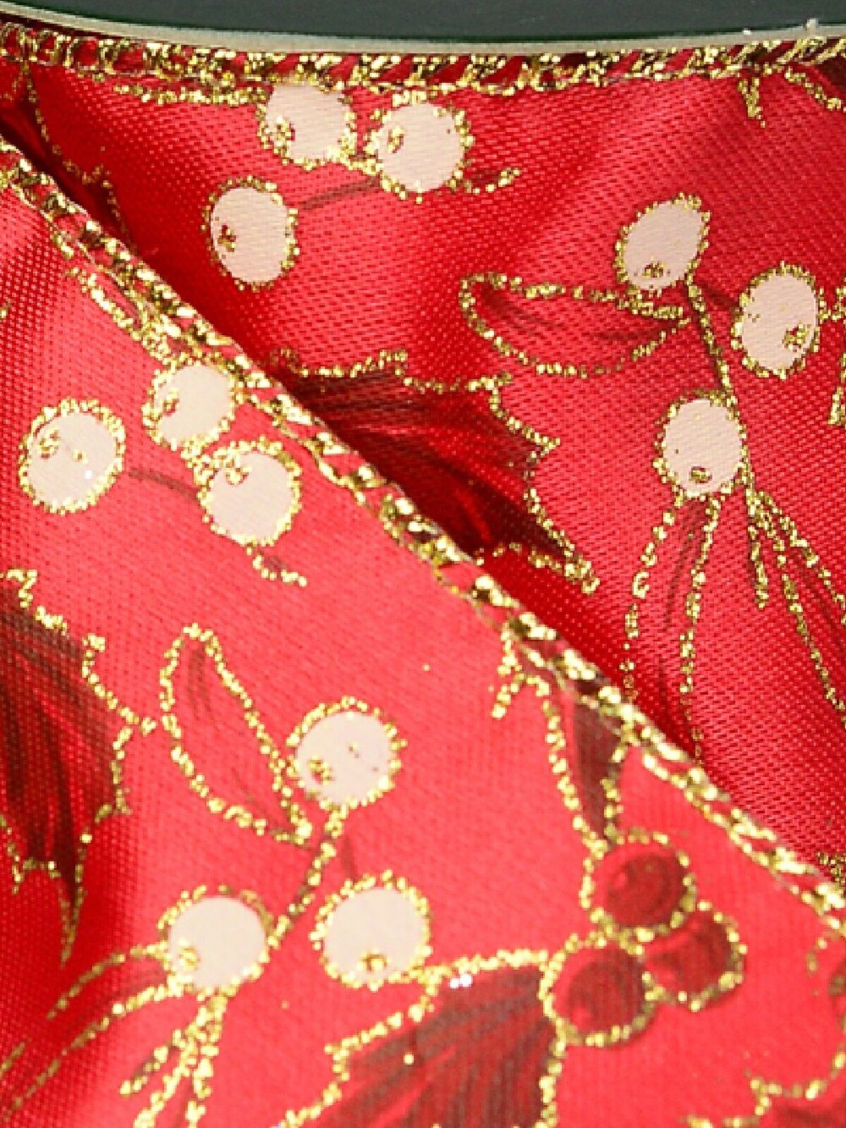 Red Fabric With Gold Glitter Holly Print Wide Cut Christmas Craft Ribbon - 3m