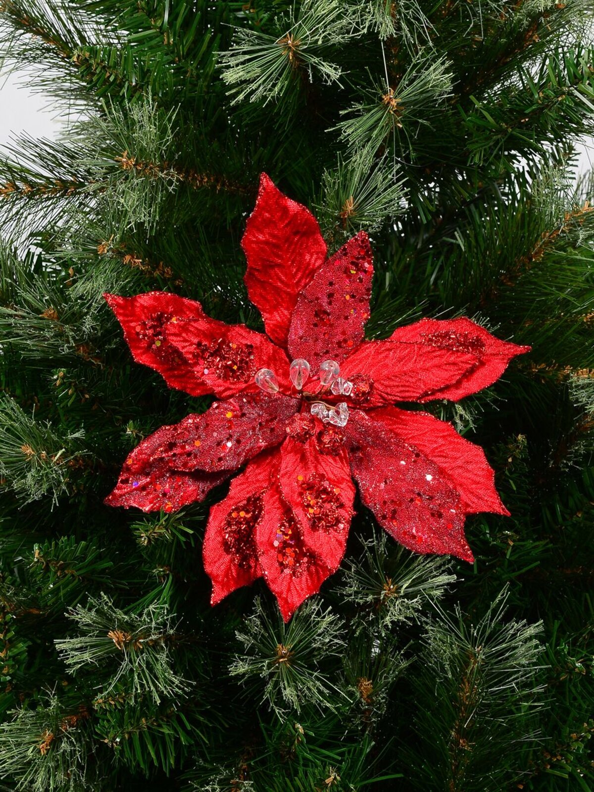 Red Frosted Two Leaf Style Poinsettia Decorative Christmas Floral Pick - 23cm — image 2