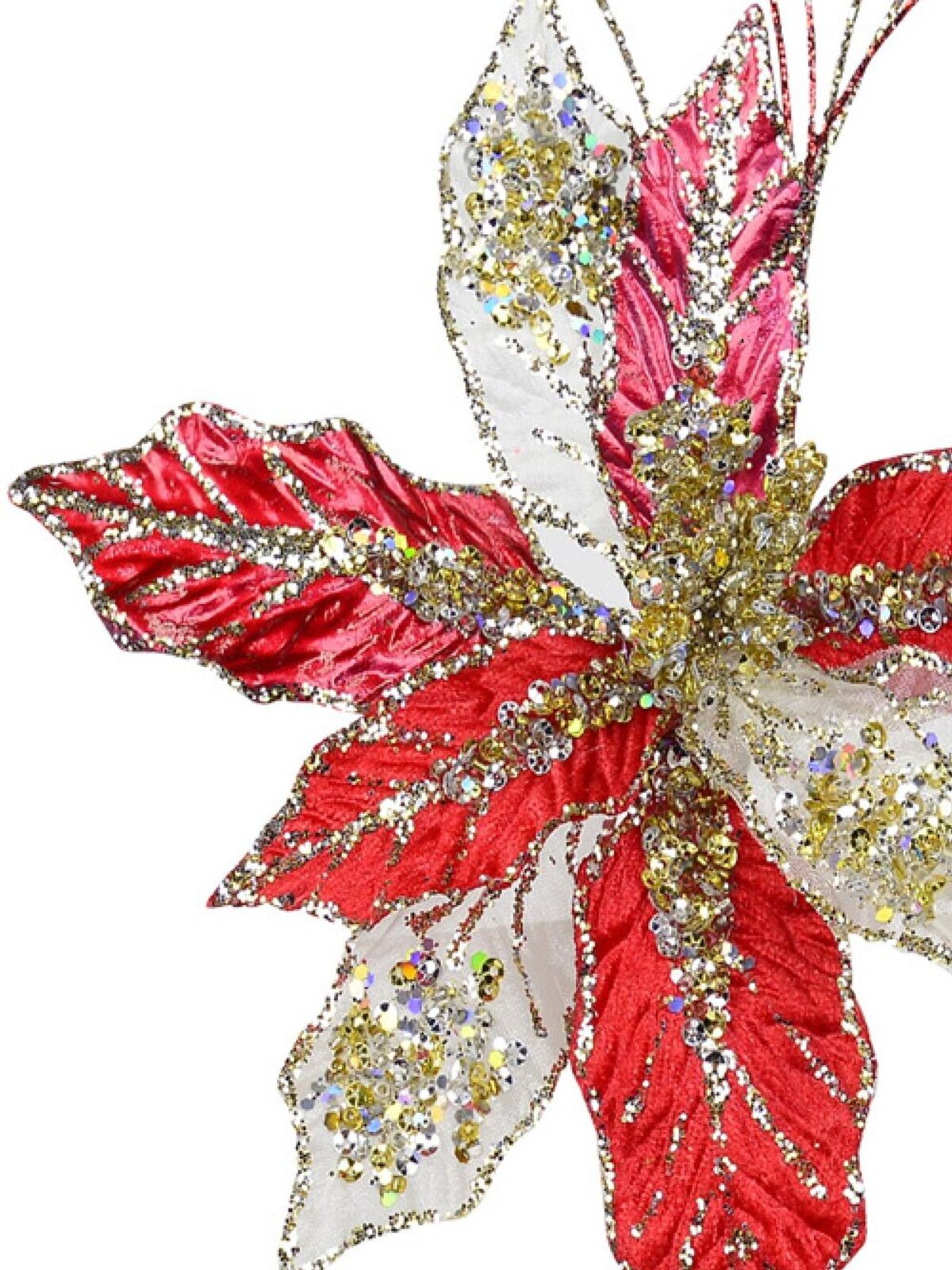 Red, Gold & Platinum Cactus Flower Decorative Christmas Floral Pick - 25cm