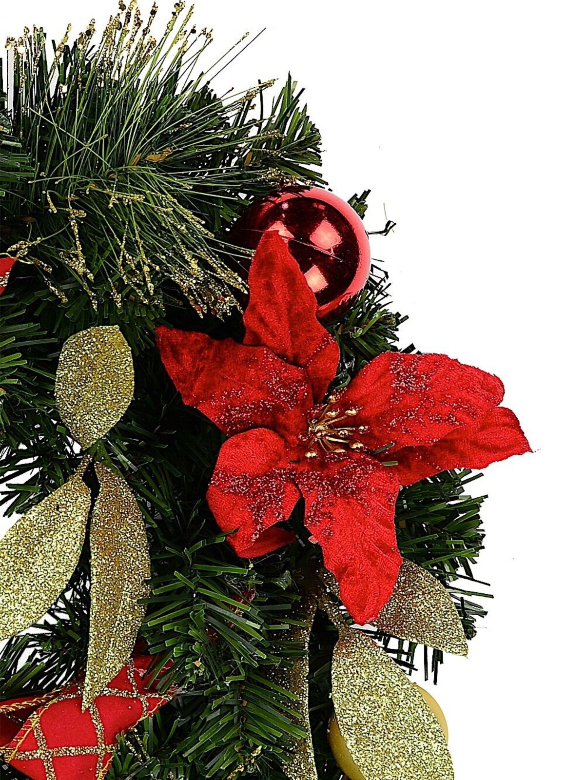 Red & Gold Wreath With Poinsettias, Baubles, Leaves & Gold Tips - 45cm