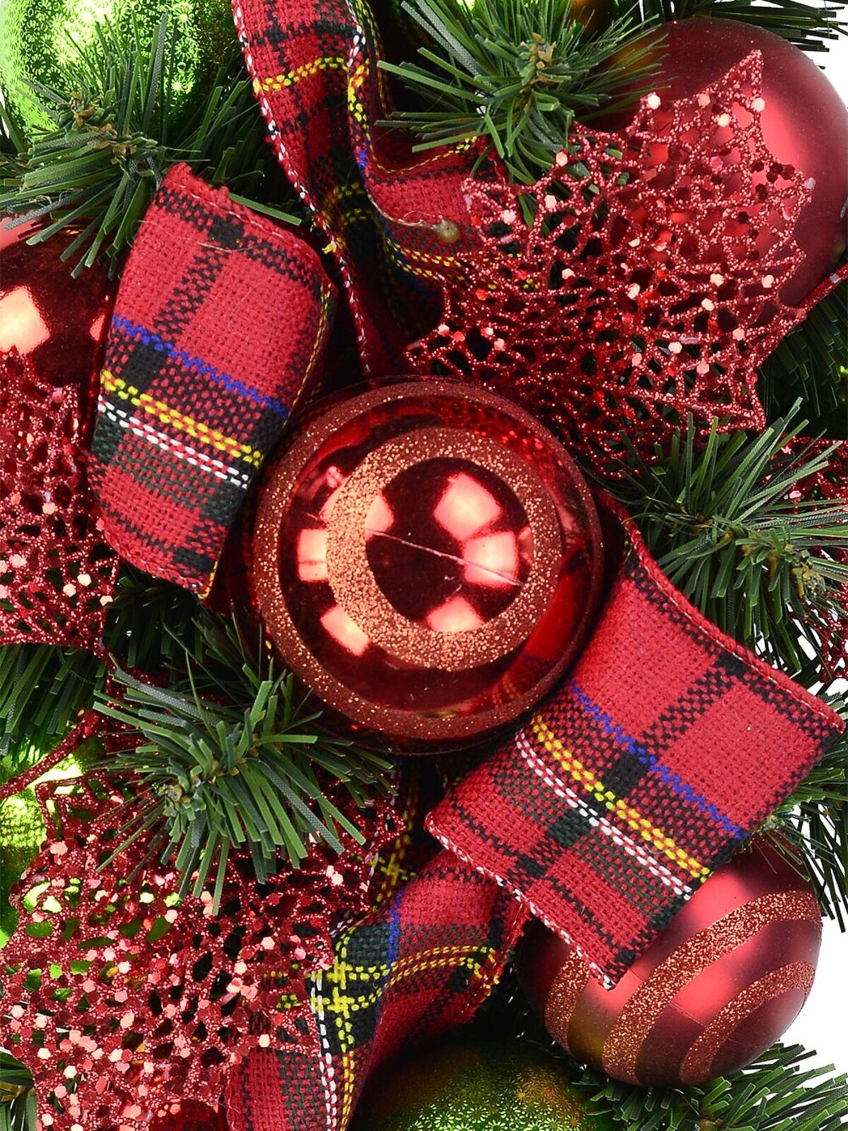 Red & Green Bauble Pre-Decorated Centrepiece With Tartan Ribbon - 60cm