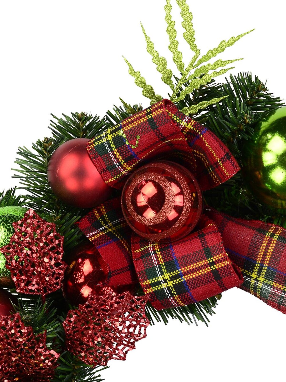 Red & Green Bauble Pre-Decorated Wreath With Tartan Ribbon - 48cm