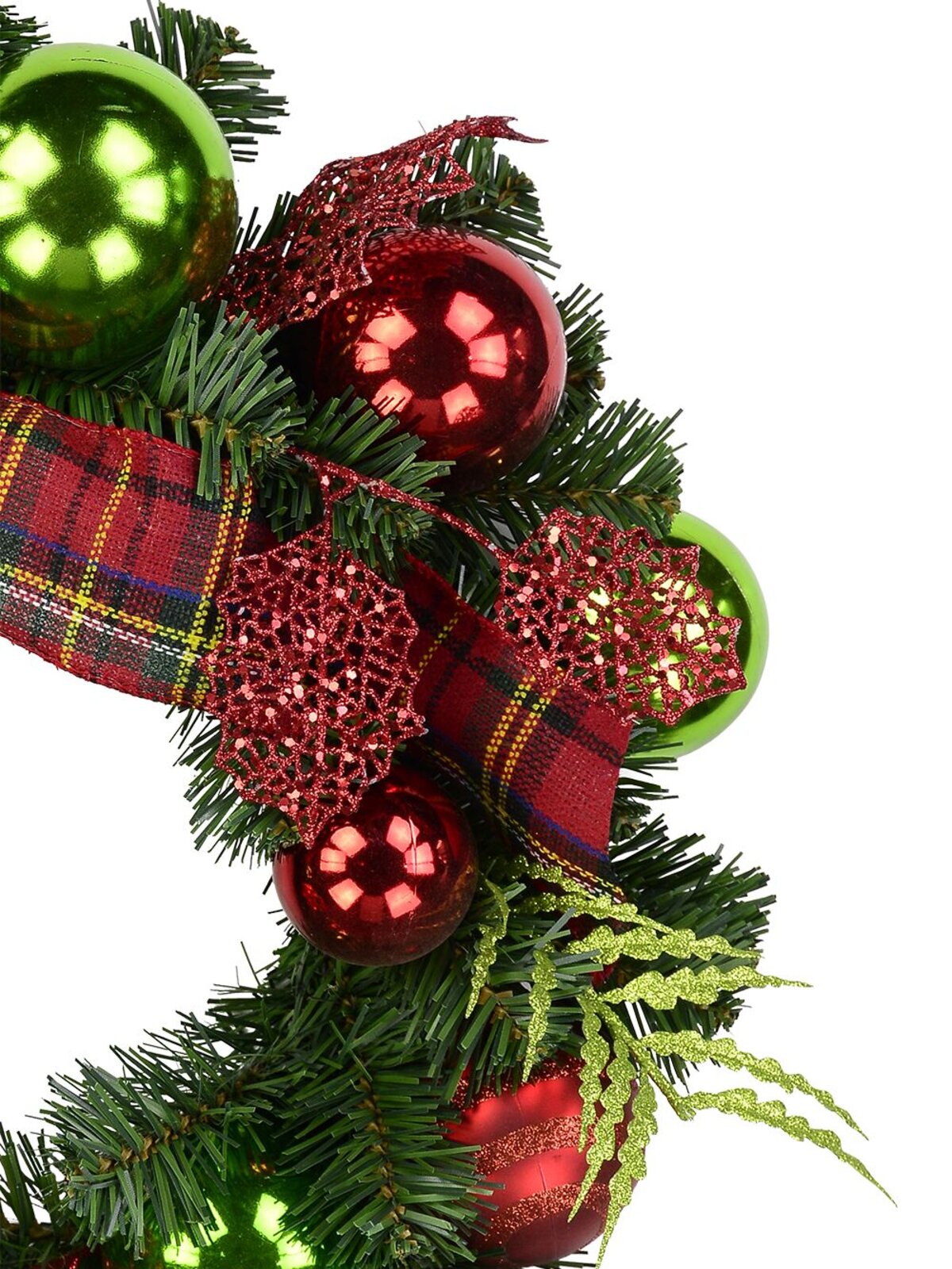 Red & Green Bauble Pre-Decorated Wreath With Tartan Ribbon - 48cm