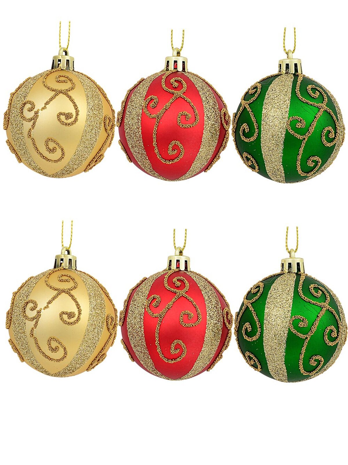 Red, Green & Gold Baubles With Gold Filigree Pattern & Thick Stripe - 6 x 60mm — image 2