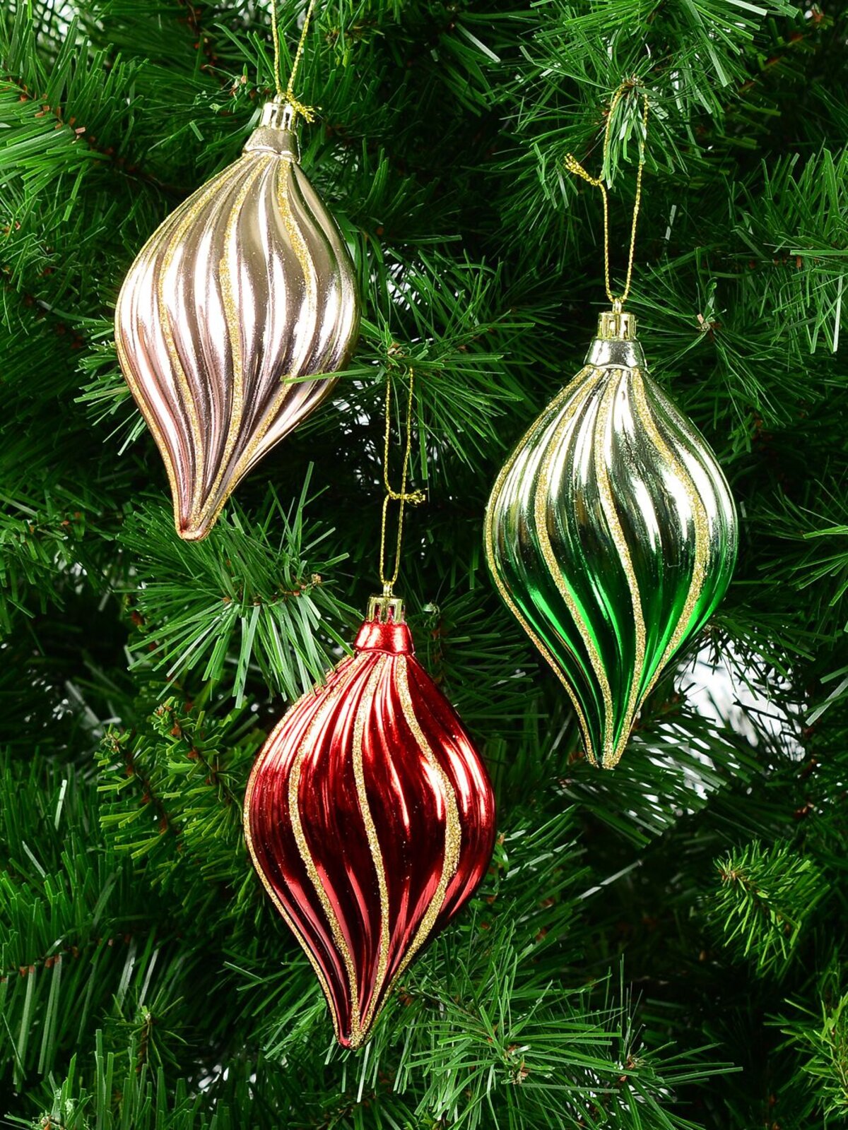 Red, Green & Pink Gradated Onion Baubles With Gold Stripes - 3 x 14cm — image 5
