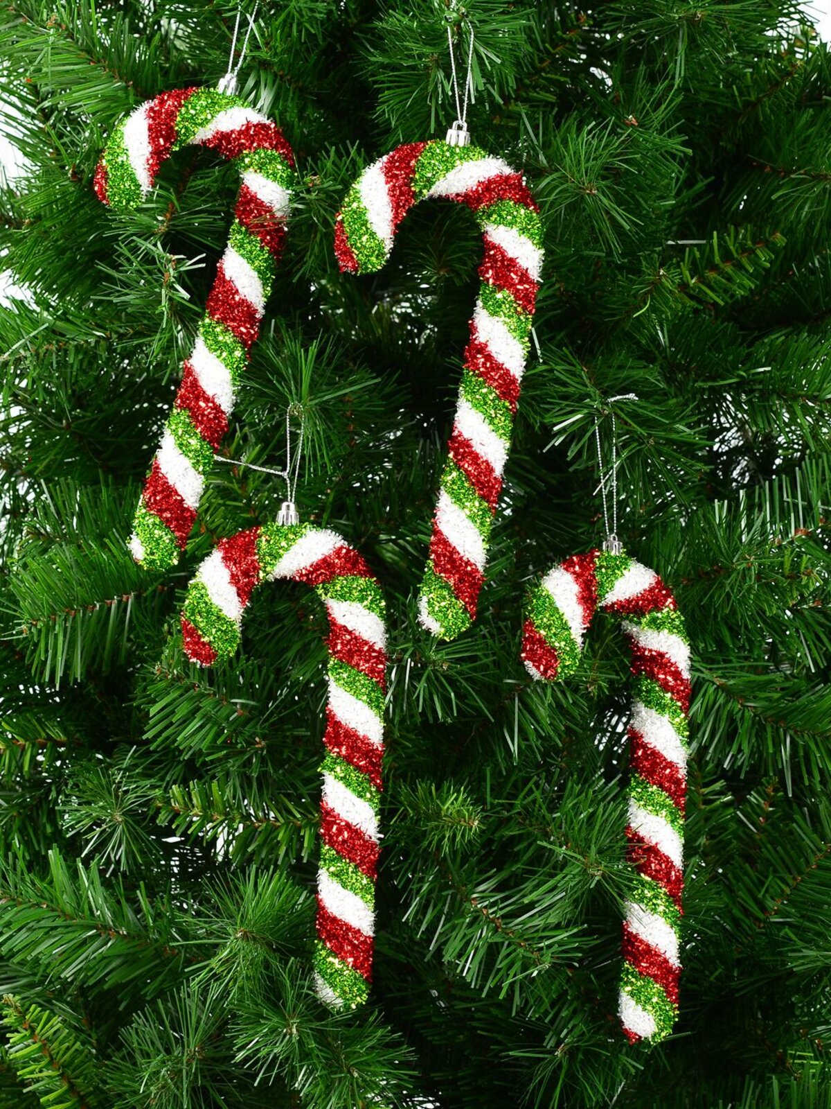 Red, Green & White Stripe Tinsel Candy Cane Hanging Decoration - 4 x 24cm — image 4