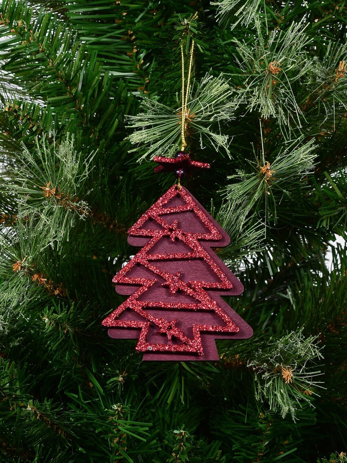 Red Natural Wood With Glitter Christmas Tree Hanging Decoration - 11cm