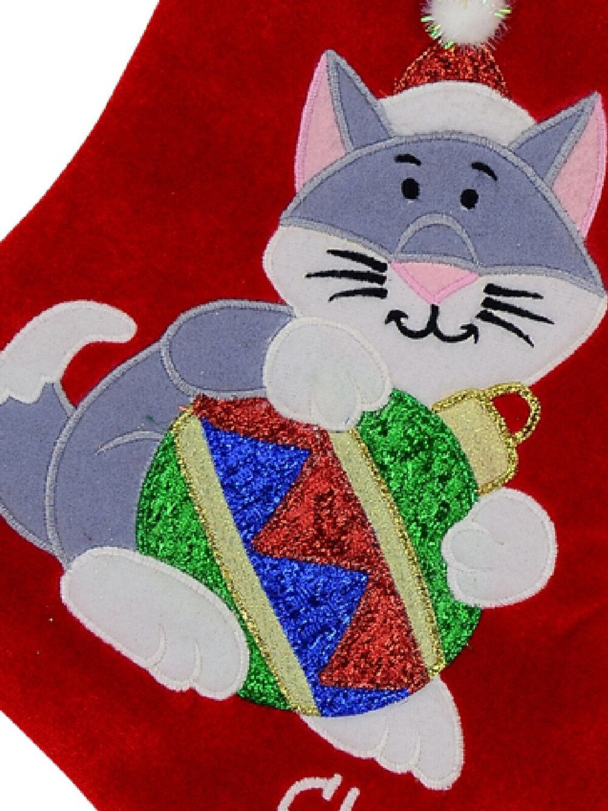 Red Velvet Santa Claws With Cat Embroidery Christmas Stocking - 40cm