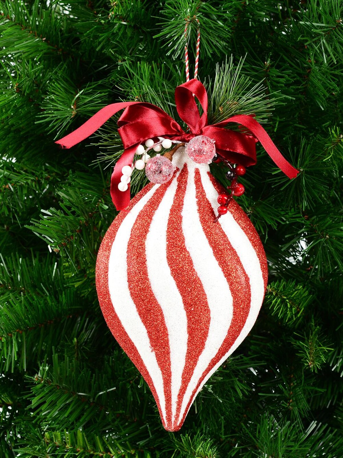 Red & White Swirl Pattern Onion Shape Christmas Hanging Decoration - 30cm — image 3