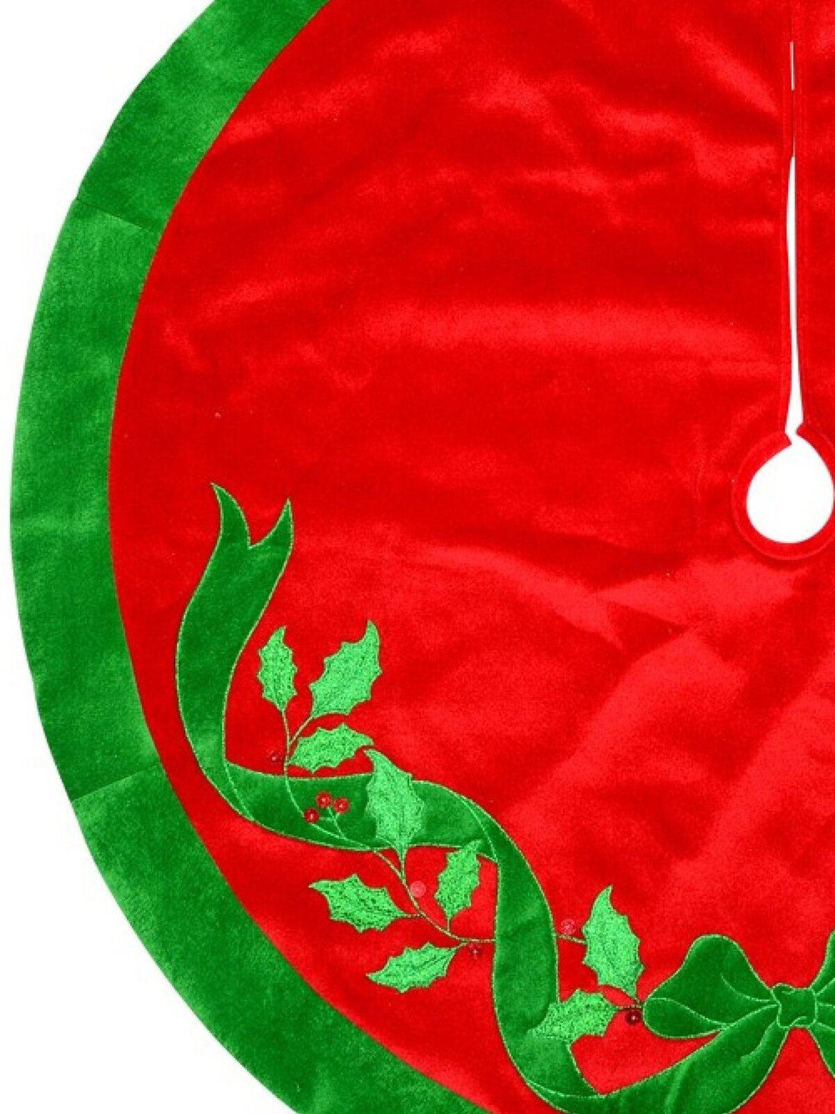 Red With Green Bow & Mistletoe Pattern Velvet Christmas Tree Skirt - 1.2m — image 2