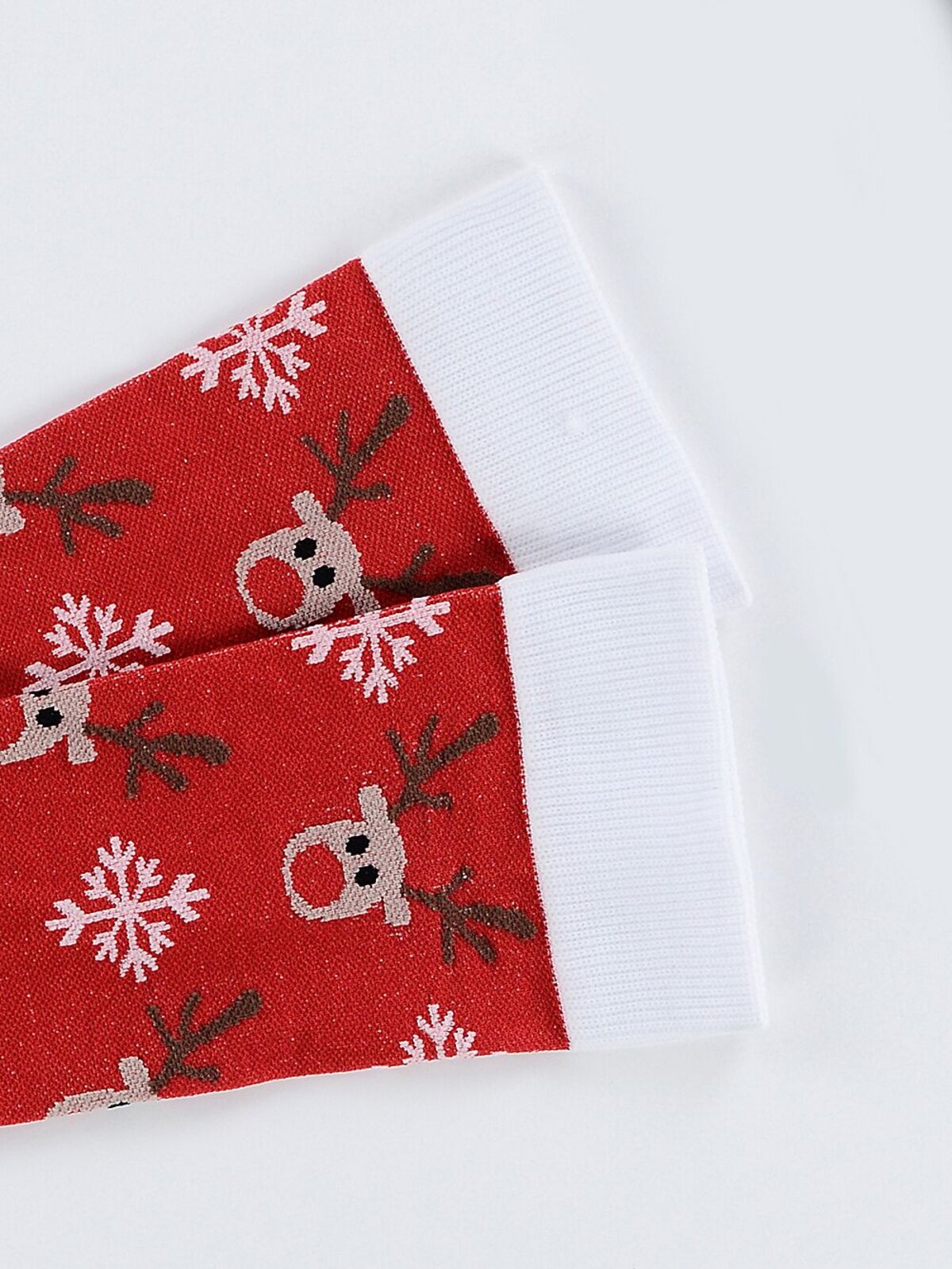 Reindeer & Snowflakes Pattern Red Long Christmas Socks - One Size Fits Most