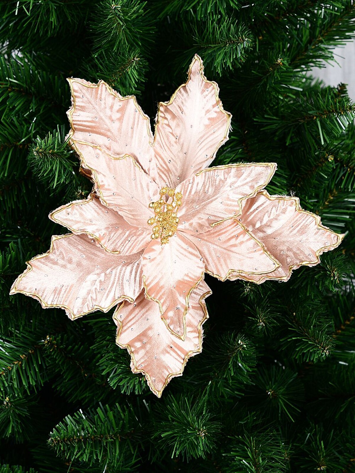 Rose Gold With Silver Diamantes Poinsettia Christmas Tree Clip Pick | 28cm — image 2