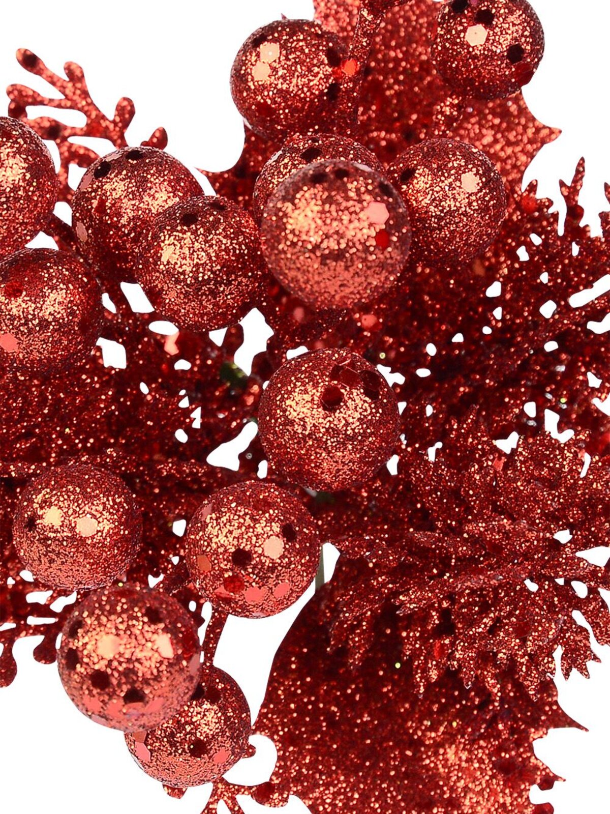 Ruby Red Glittered Berry With Twigs & Leaves Christmas Floral Pick - 20cm