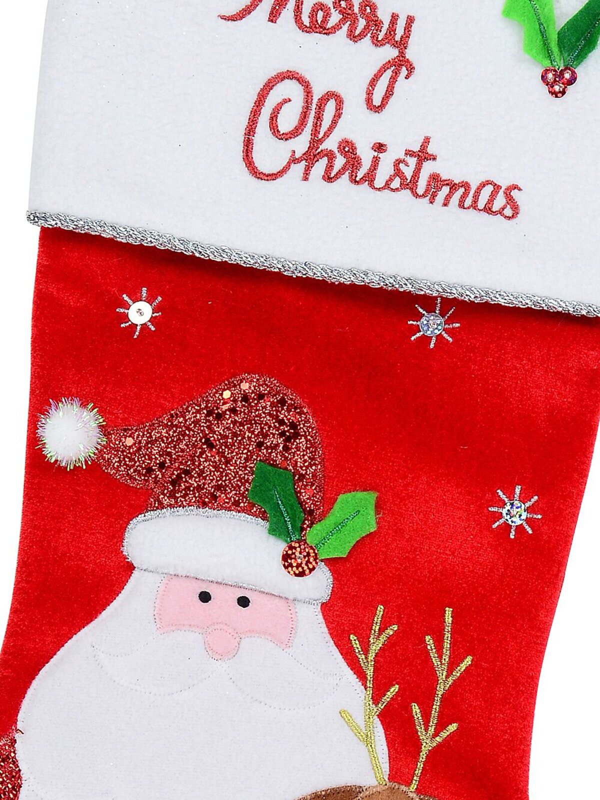 Santa & Reindeer Applique With Font & Holly Velvet Christmas Stocking - 48cm — image 3