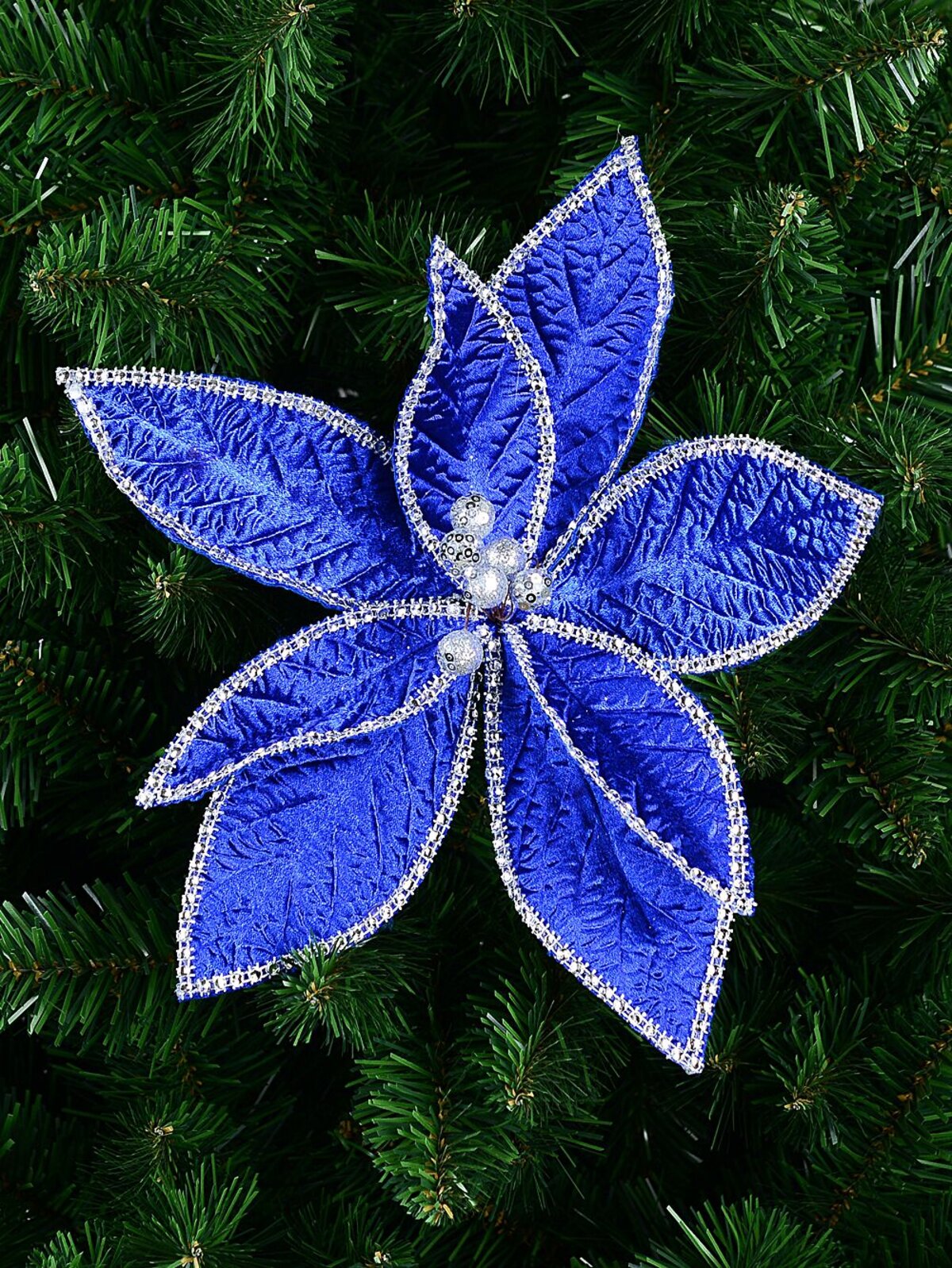 Sapphire Blue Velvet & Diamante Poinsettia Christmas Tree Clip Pick | 26cm — image 2