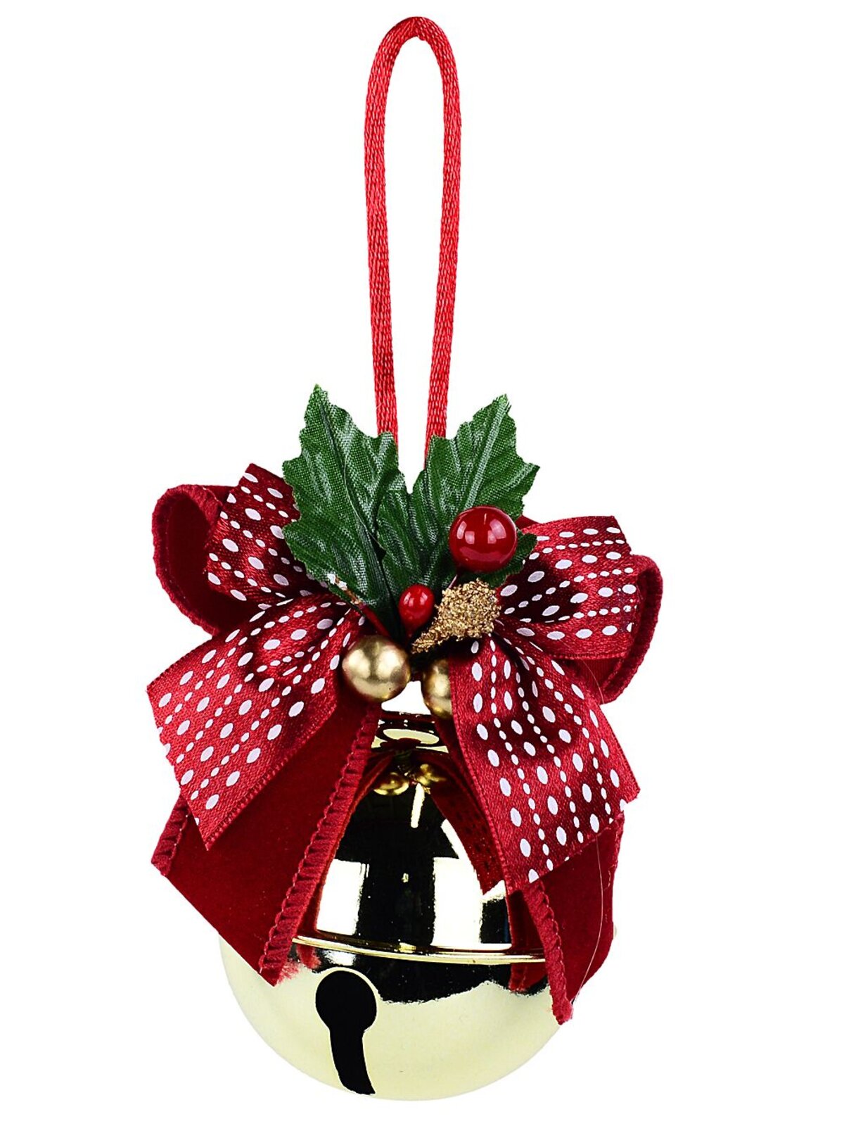 Shiny Gold & Red Bow Whimsical Statement Tinkling Jingle Bell Bauble | 90mm — image 3