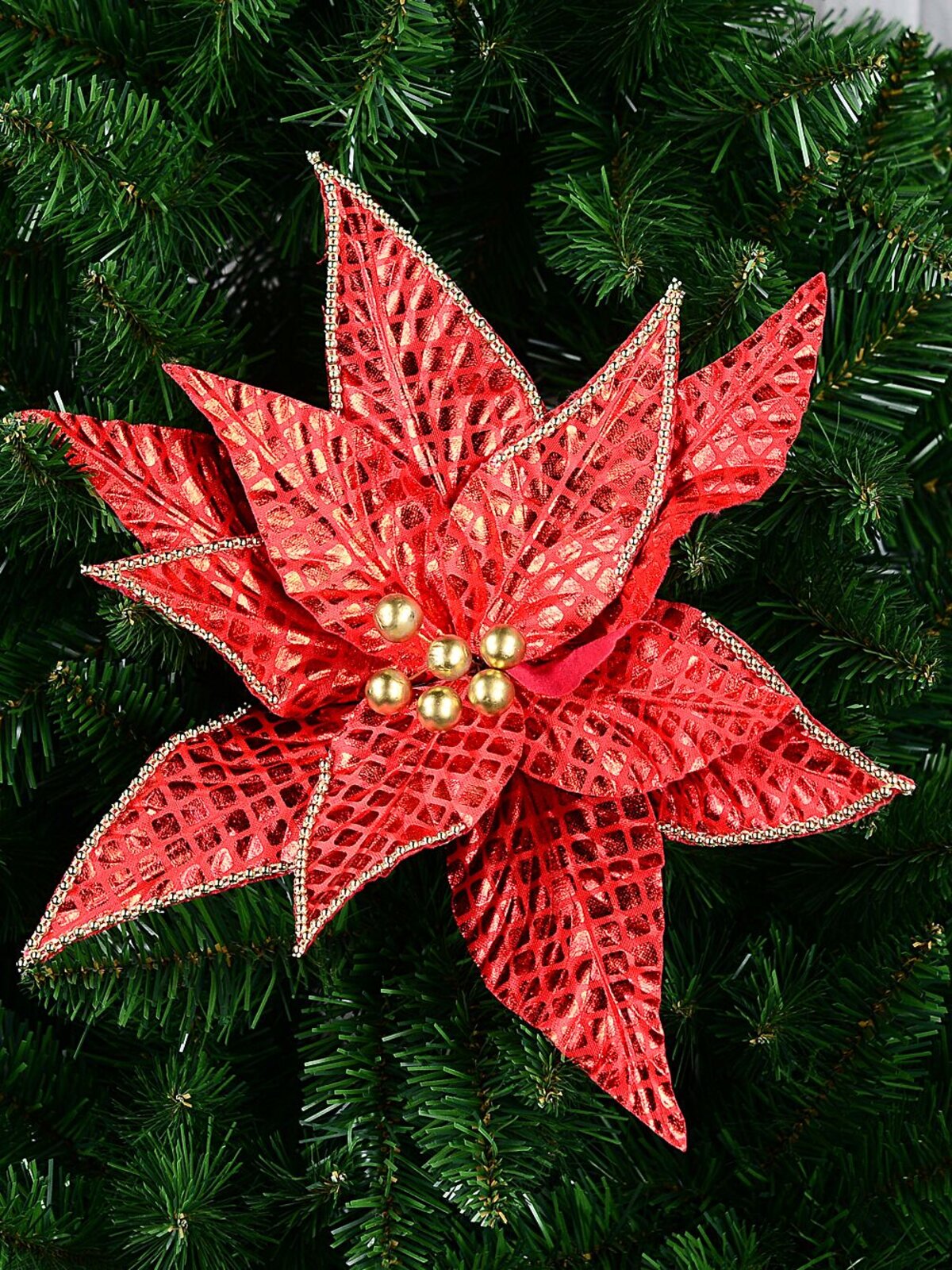 Shiny Red Grid Pattern & Gold Beads Poinsettia Christmas Tree Clip Pick | 36cm — image 2