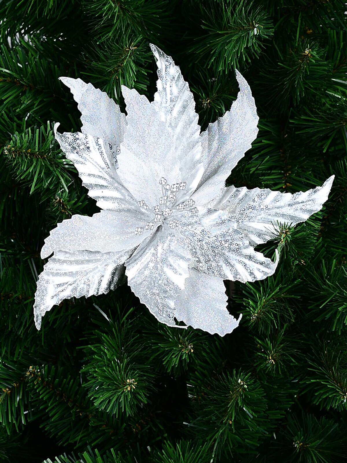Silver Holographic & Iridescent Poinsettia Christmas Tree Clip Pick | 24cm — image 2
