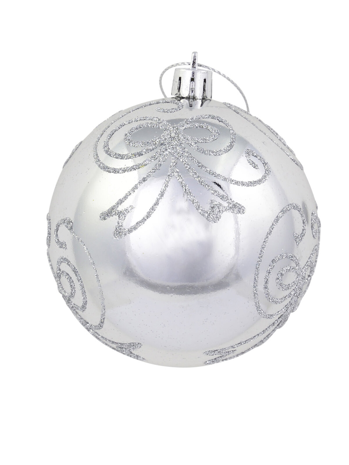 Silver Metallic Baubles With Silver Glitter Bow Design - 4 x 80mm