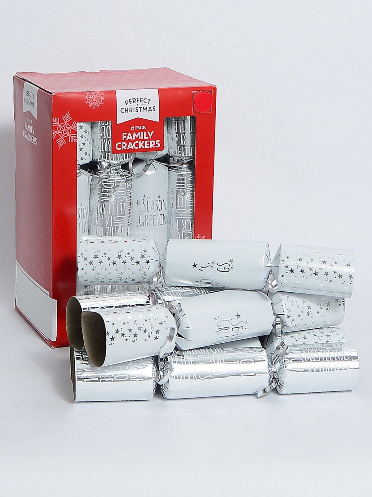 Silver & White Seasons Greetings & Font Christmas Cracker Bon Bons - 12 x 29cm
