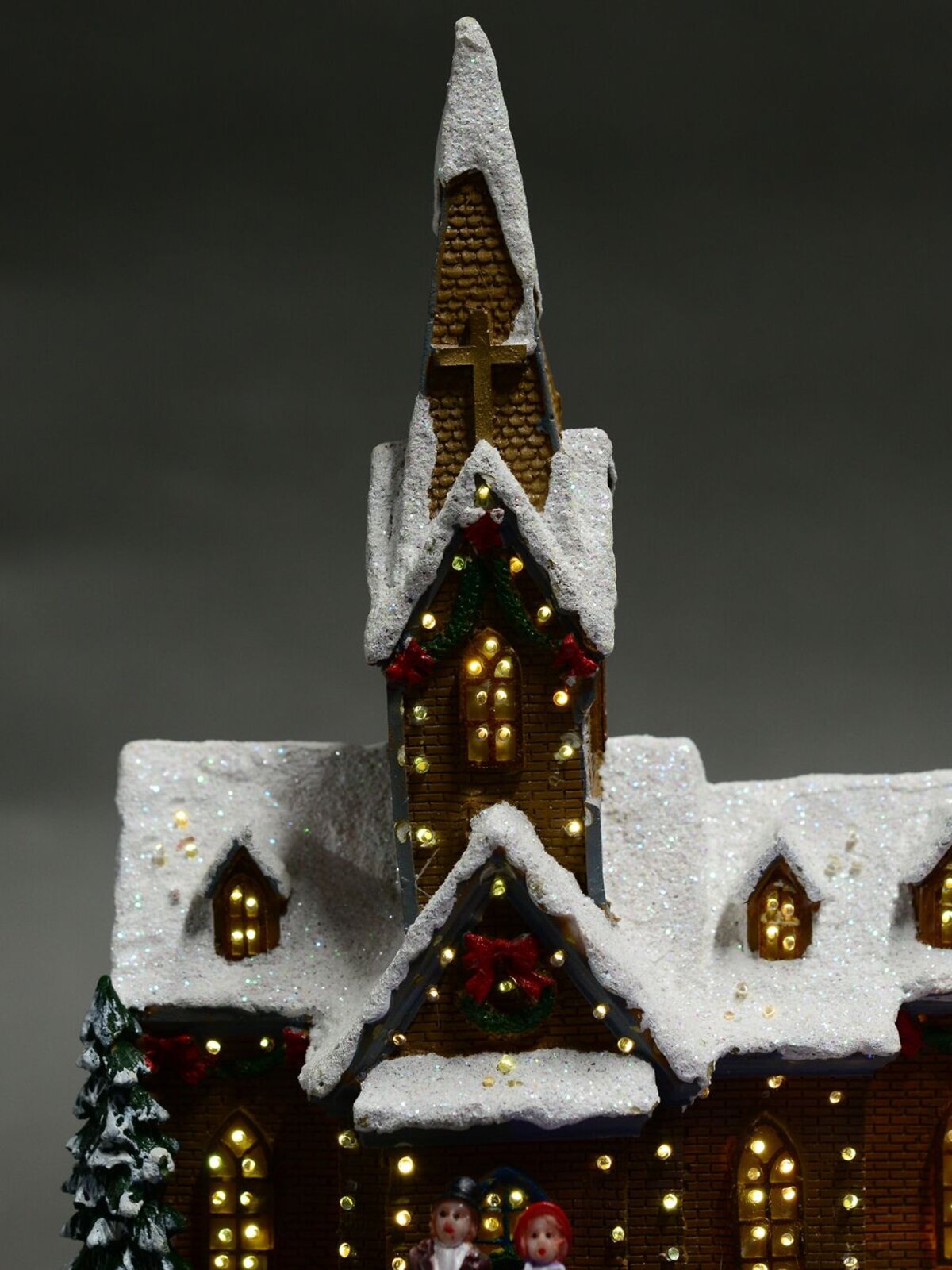 Snow Capped Church Village Scene With Moving Children & Led Lights - 25cm