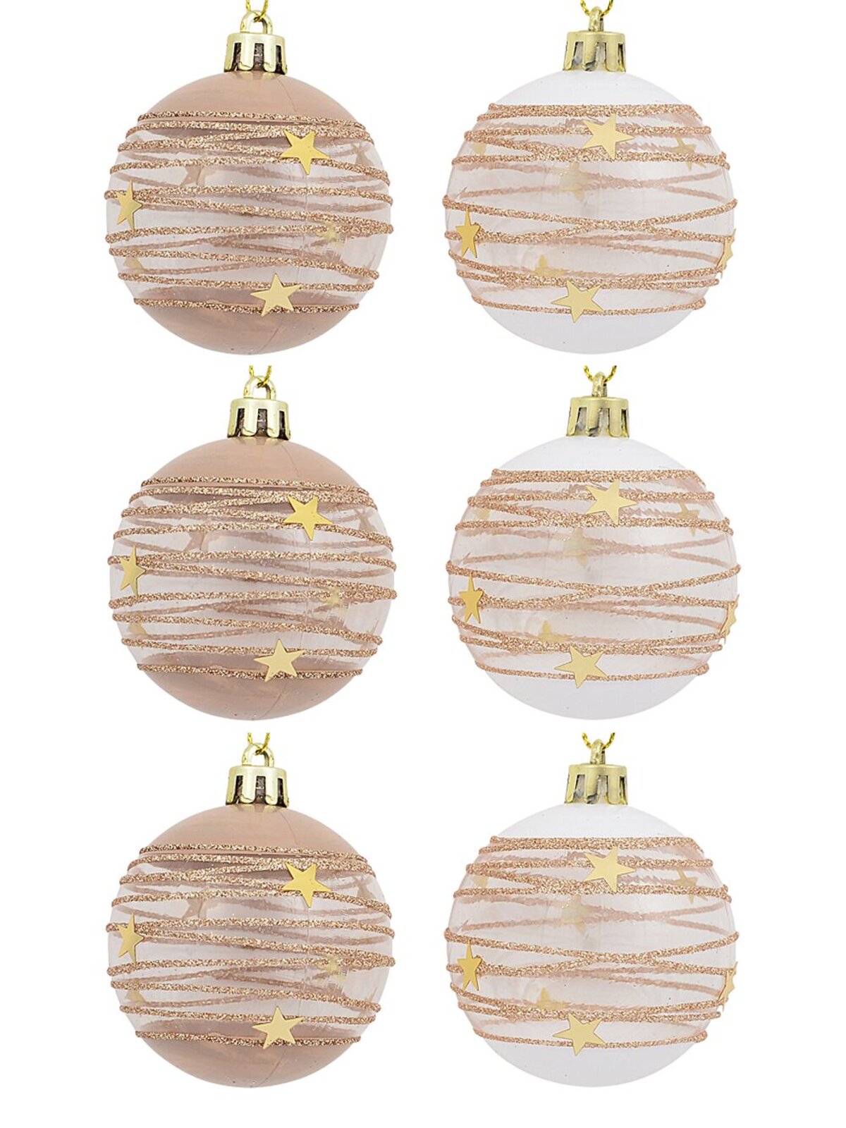 Taupe, White & Clear Baubles With Gold Stars & Glitter Lines - 6 x 60mm — image 2