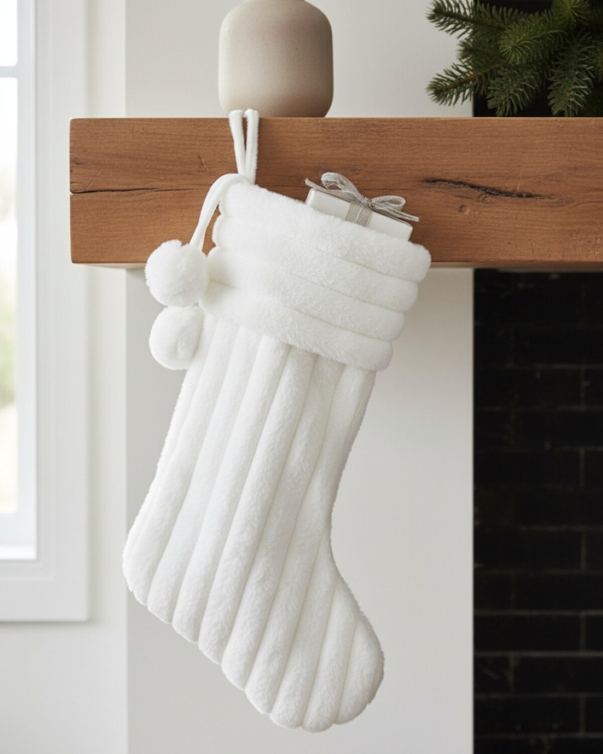 White Faux Fur Ribbed Stocking With Pom Poms | 48cm — image 4