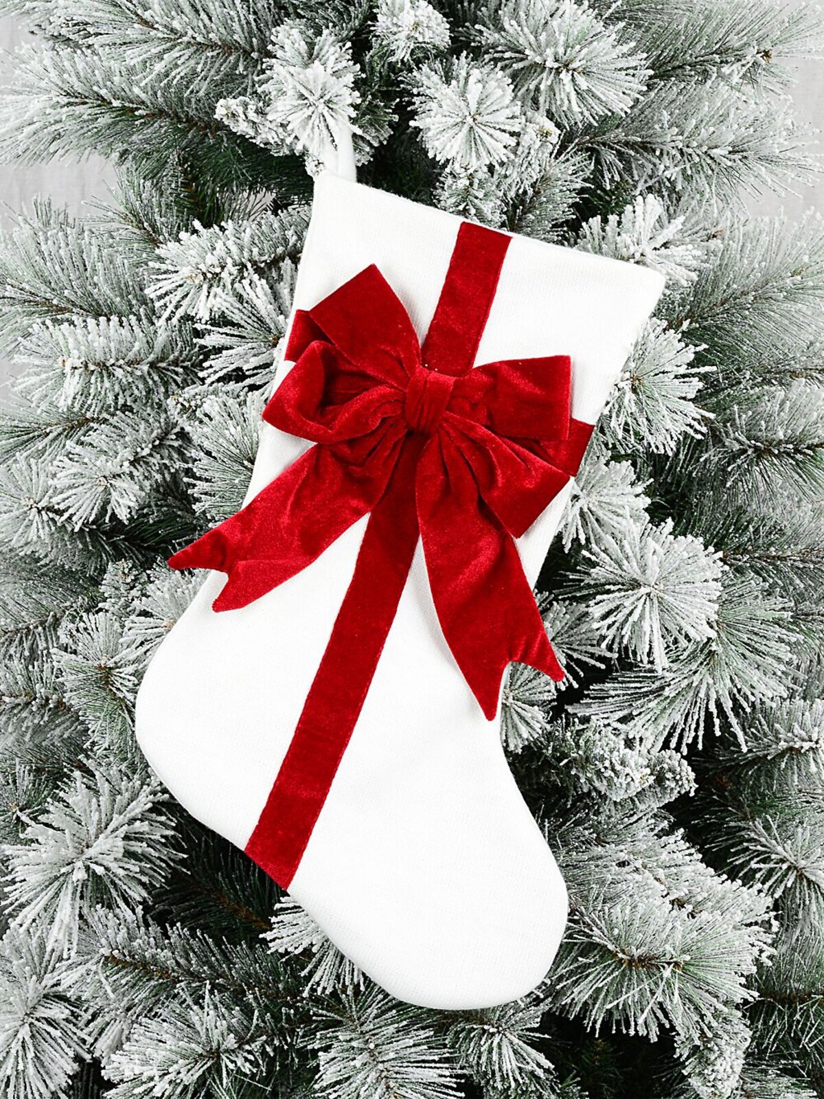 White Hessian Gift Wrap Stocking With Red Velvet 3D Bow | 45cm — image 2