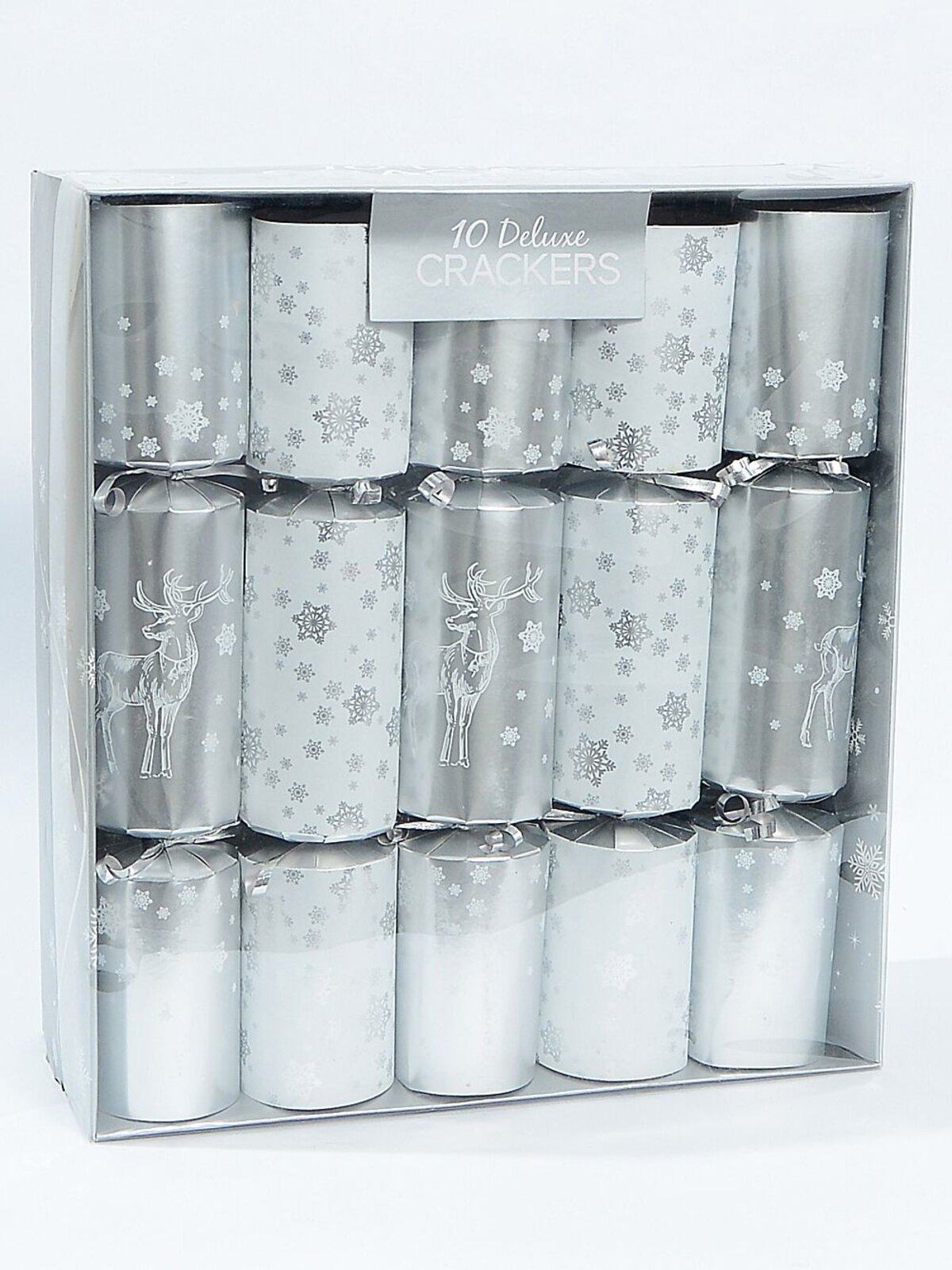 White & Silver Reindeer & Snowflakes Christmas Cracker Bon Bons - 10 x 36cm