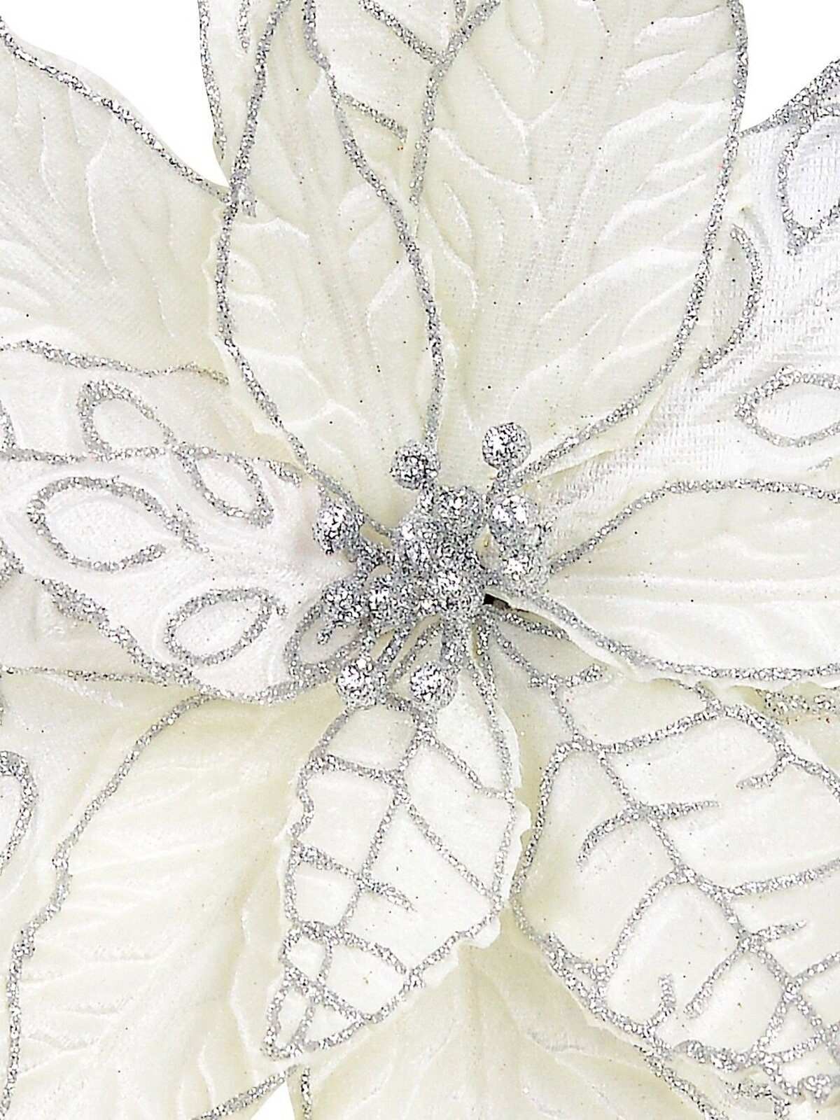 White & Silver Trim Poinsettia Pick With Clip - 29cm