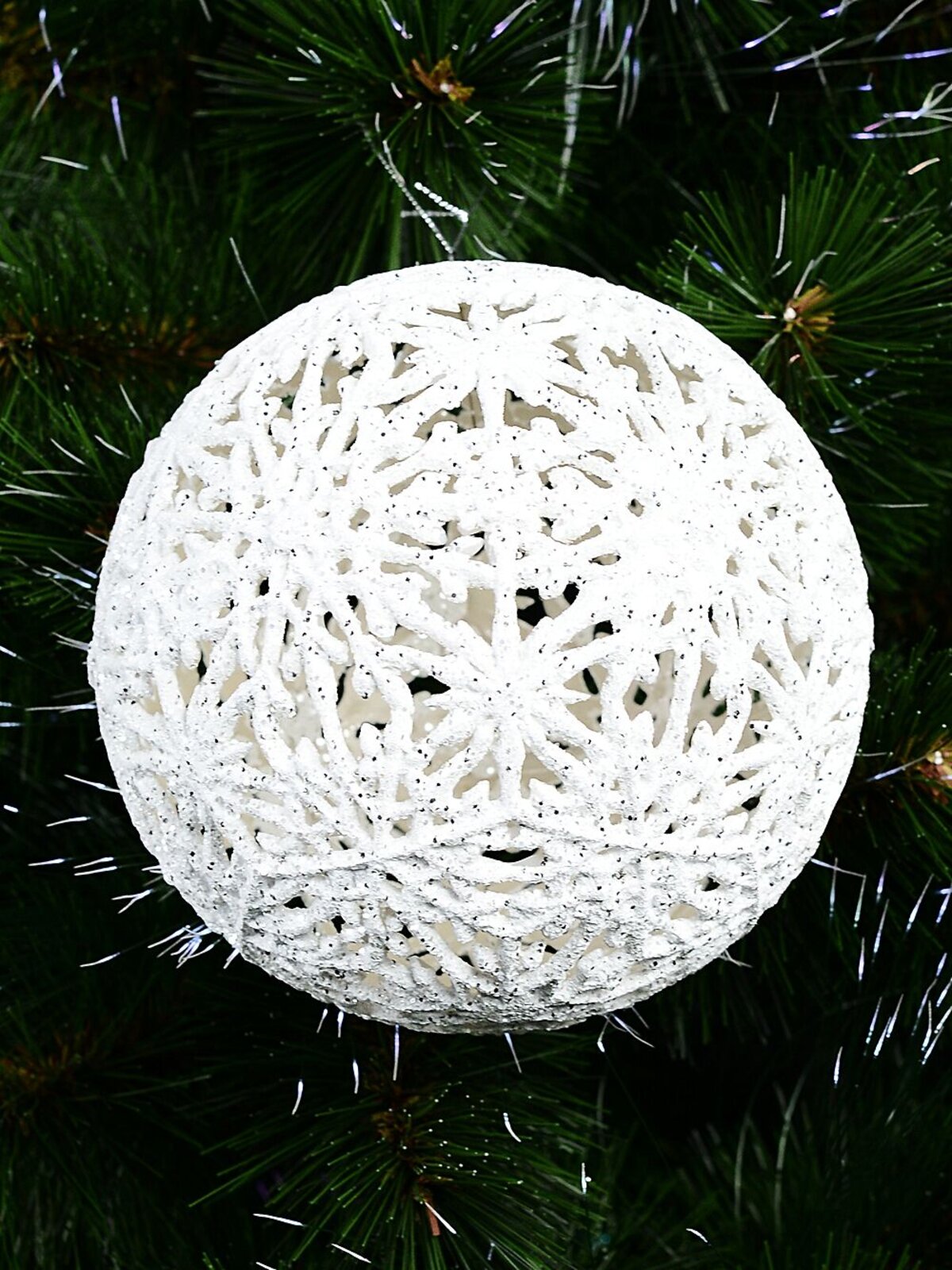 White Whimsical Signature Hollow Silver Glitter Snowflake Bauble | 14cm — image 5