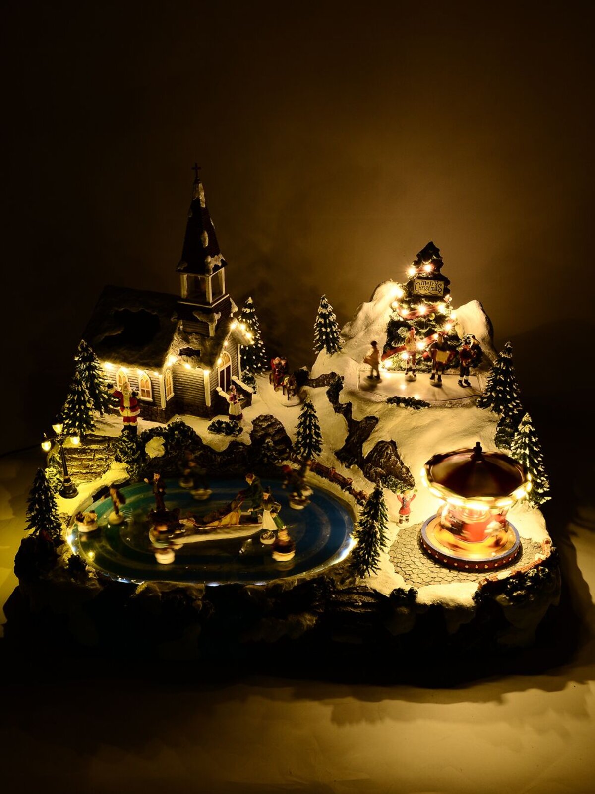 Winter Pond Fun Christmas Village Scene With Church, Carousel & Band - 60cm — image 3