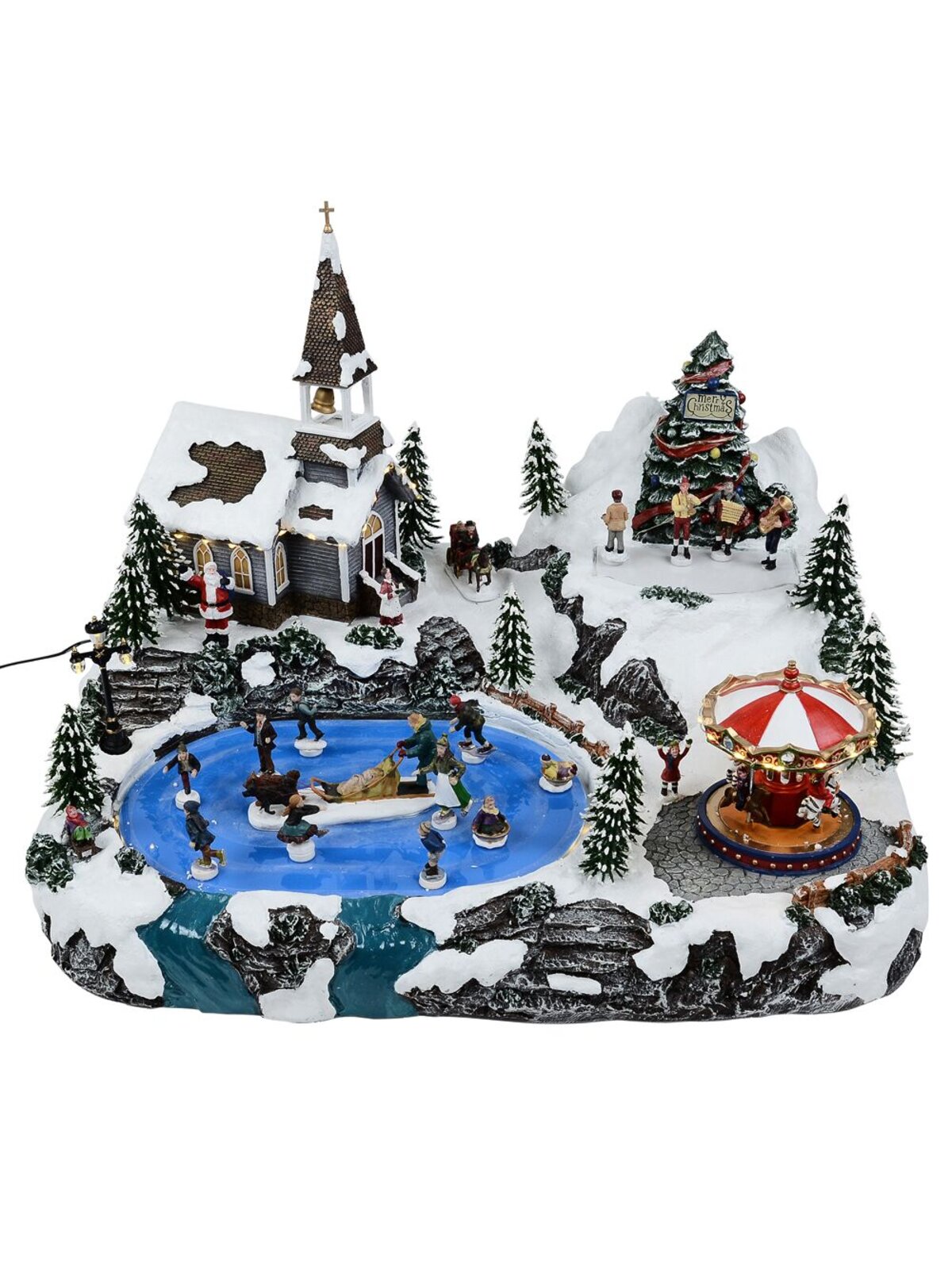 Winter Pond Fun Christmas Village Scene With Church, Carousel & Band - 60cm — image 2