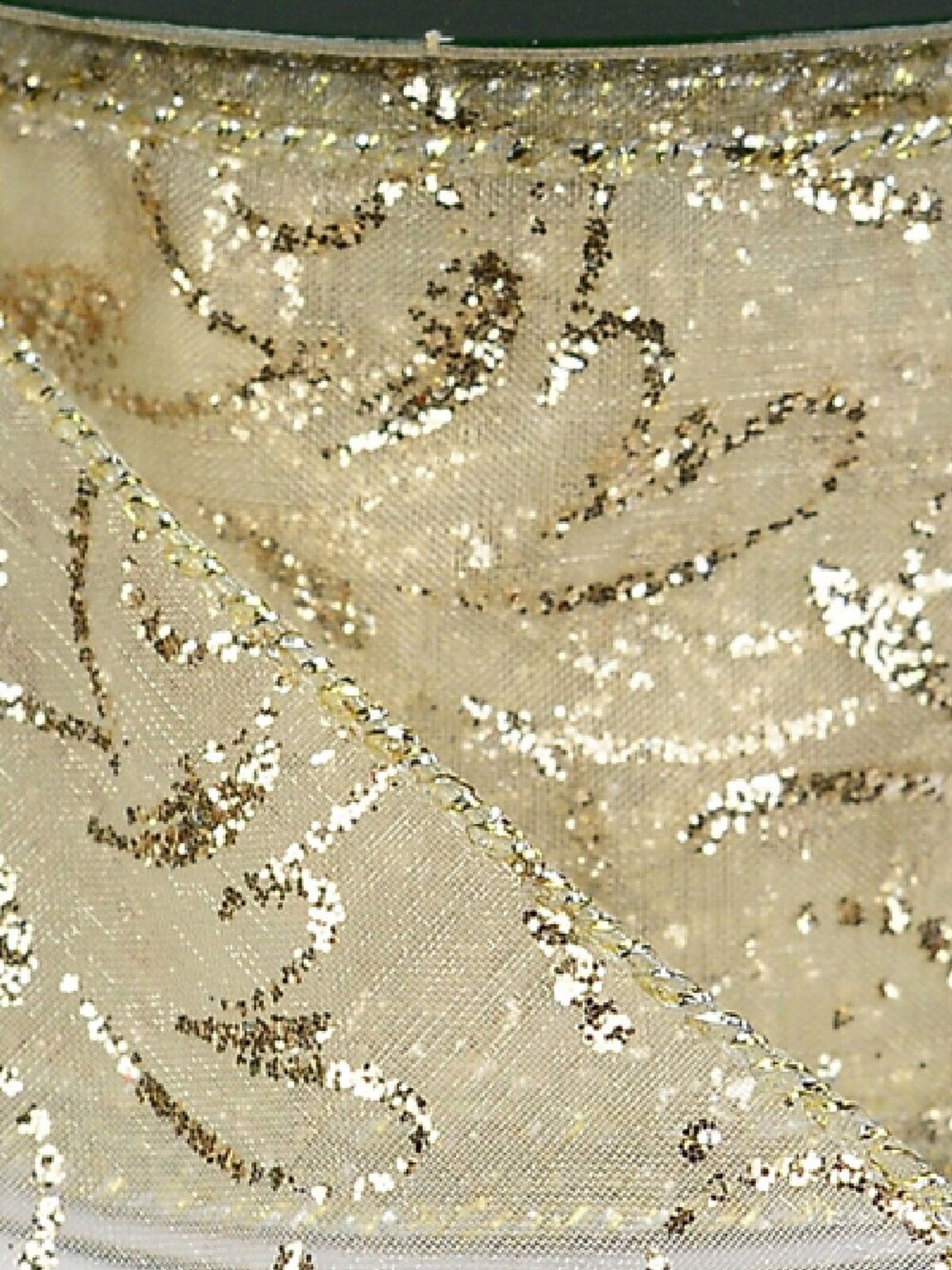 Wired Cream Sheer Ribbon With Gold Glitter Swirls | 3m x 63mm