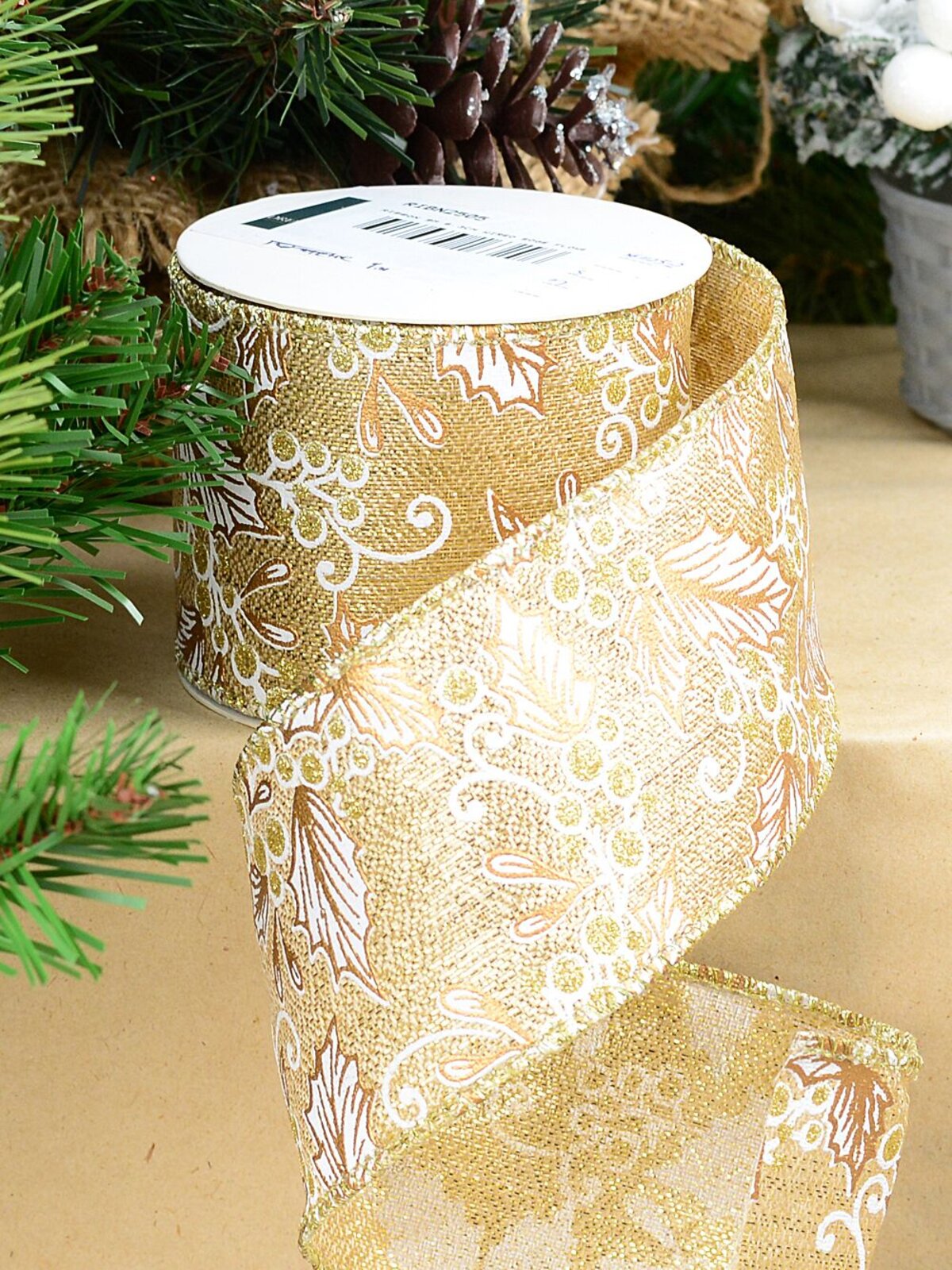 Wired Gold Organza Christmas Ribbon White Holly & Berries | 9m x 63mm — image 2