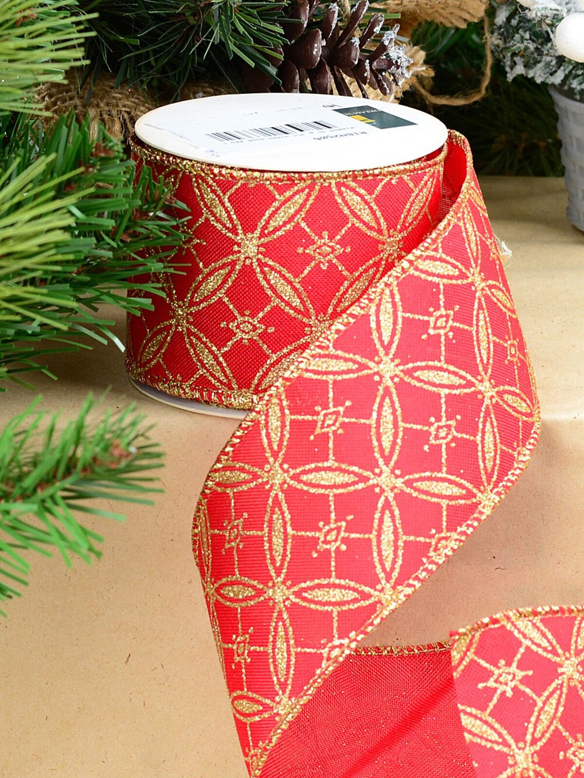 Wired Red Organza Ribbon Gold Glitter Circles & Squares | 9m x 63mm — image 2