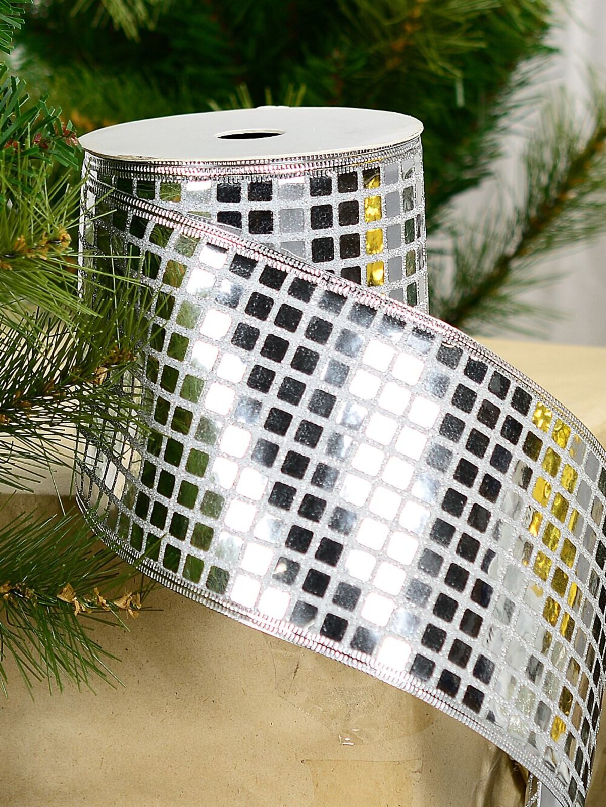 Wired Silver Glitter Sheer Ribbon Reflective Mirror Ball | 10m x 10cm — image 5