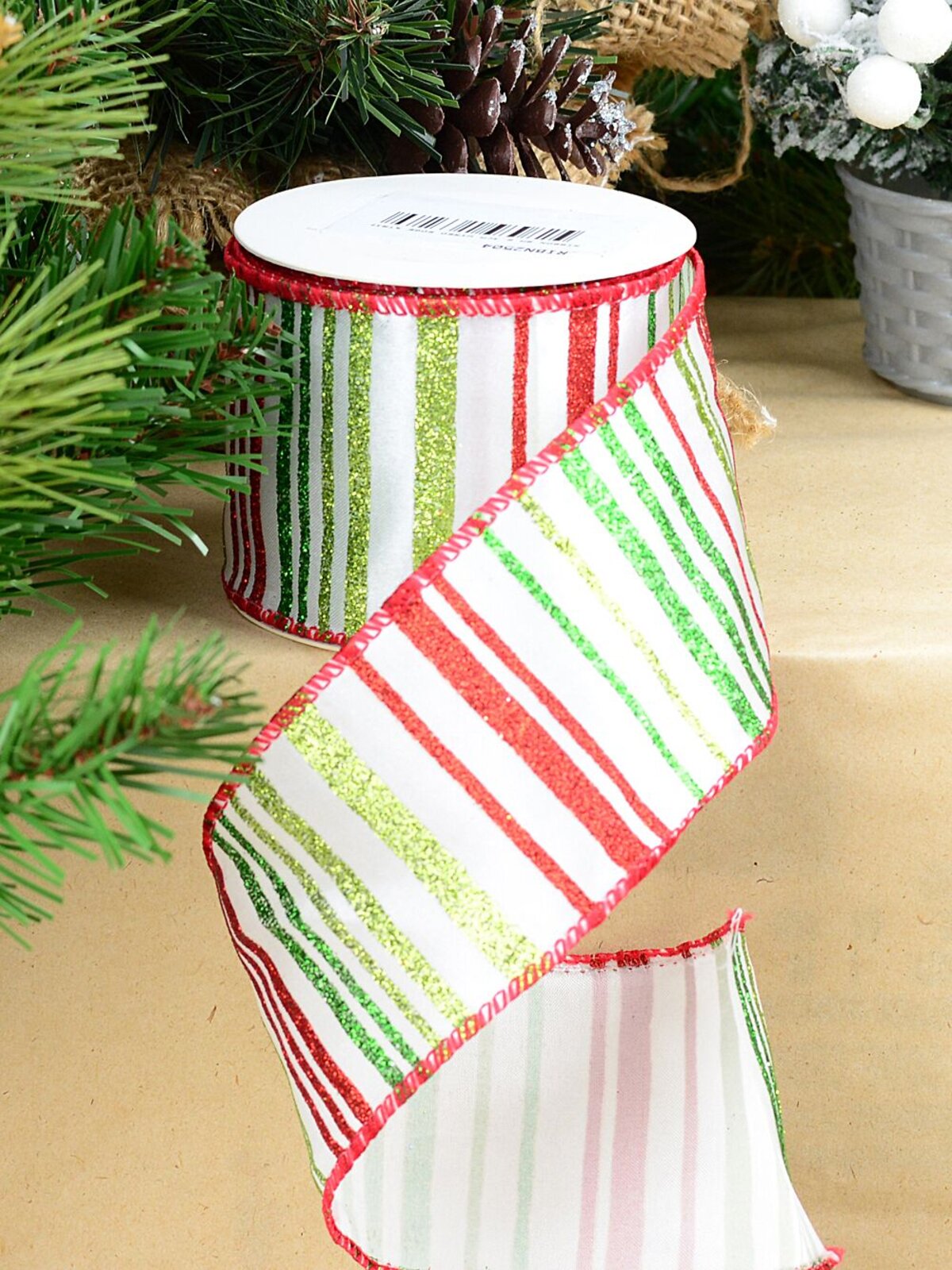Wired White Satin Ribbon Red & Green Glitter Stripes | 9m x 63mm — image 2