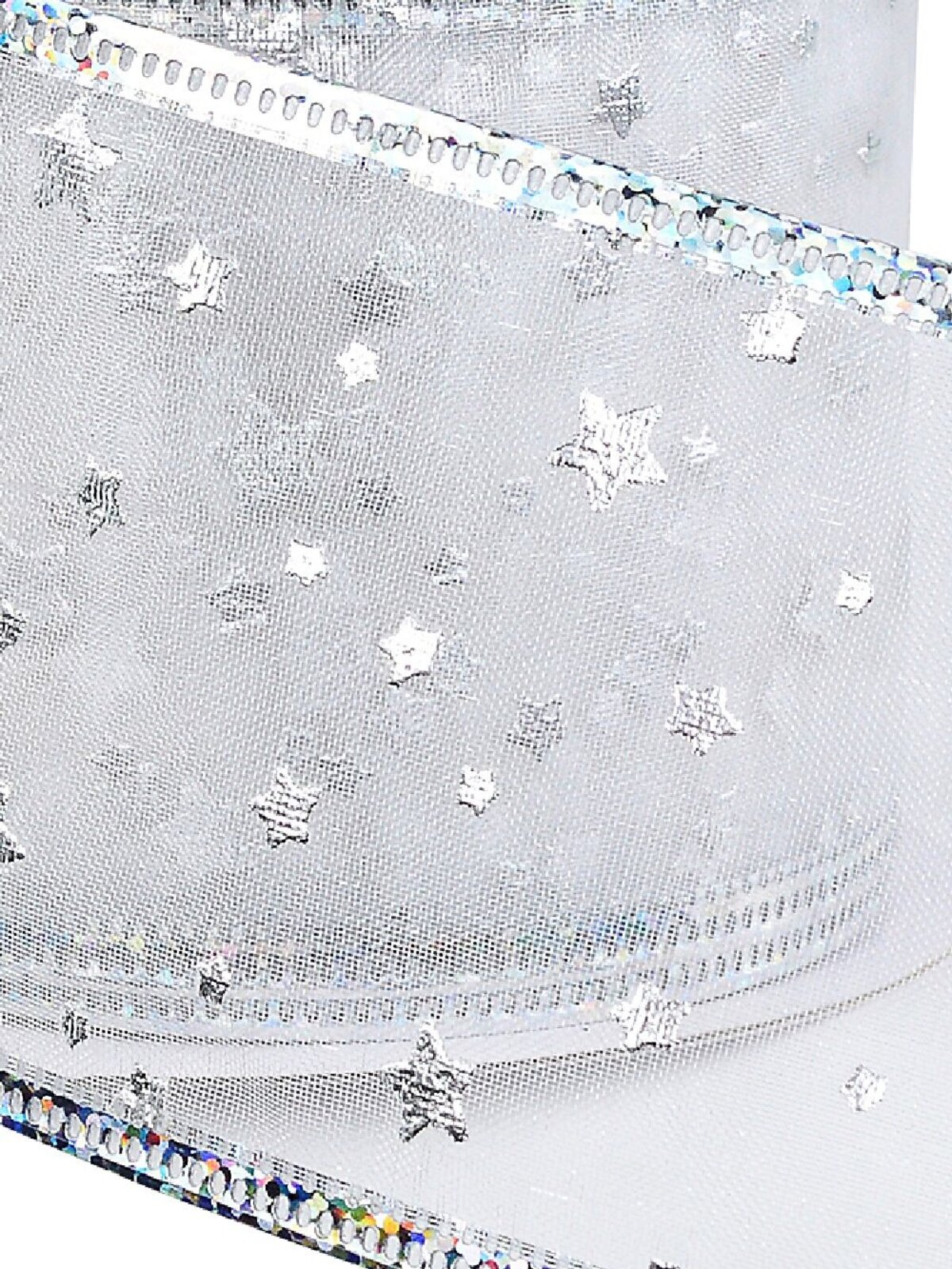Wired White Sheer Christmas Ribbon With Metallic Silver Stars | 3m x 63mm — image 3