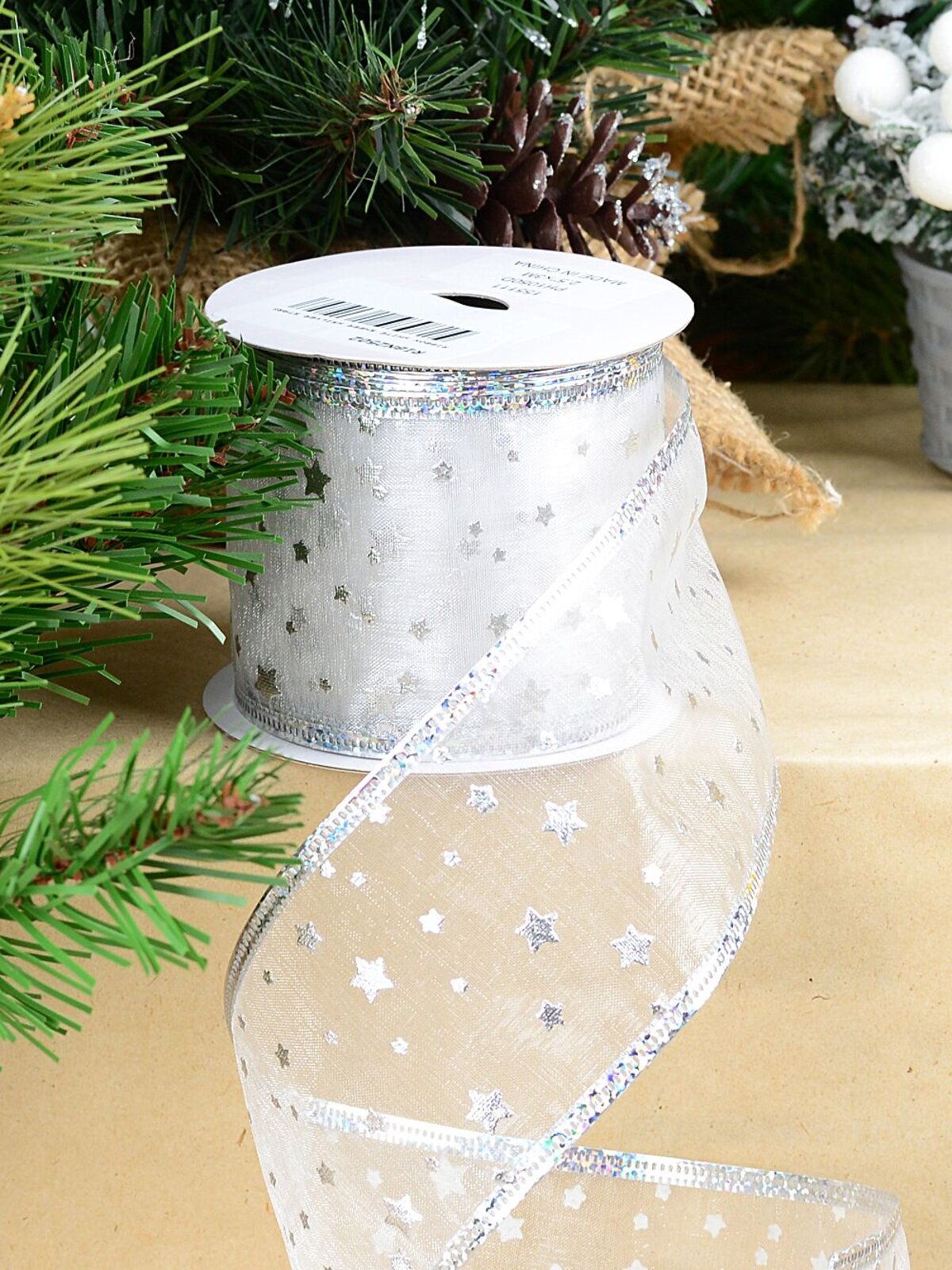 Wired White Sheer Christmas Ribbon With Metallic Silver Stars | 3m x 63mm — image 2