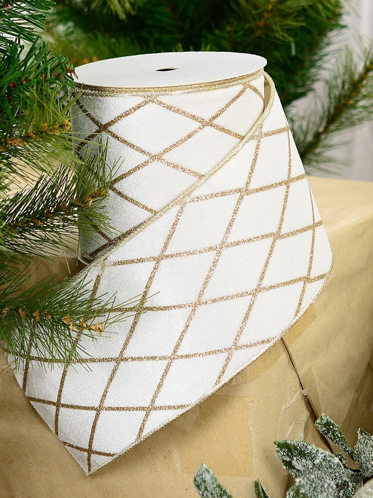 Wired White Velvet Ribbon With Champagne Glitter Diamond | 10m x 10cm — image 6