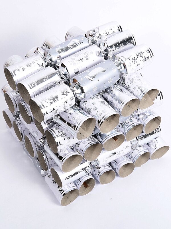 100x White & Grey Snowflakes & Stockings Christmas Bon Bons (Crackers) | 24cm — image 2