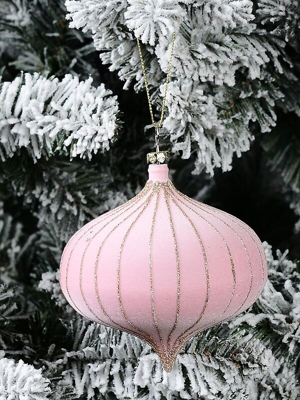 10cm Pale Pink Flocked Christmas Onion Bauble — image 2