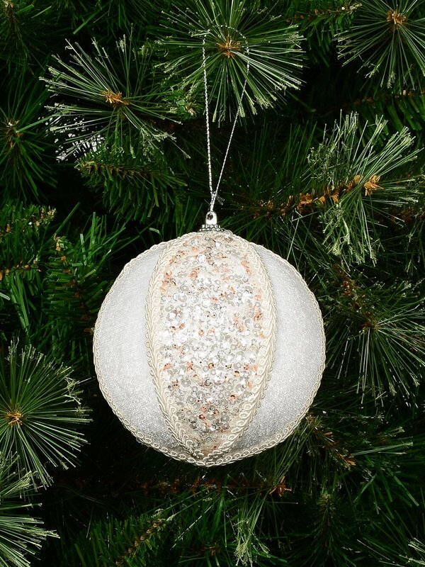 11cm White Sequin & Velvet Christmas Ball Bauble — image 2