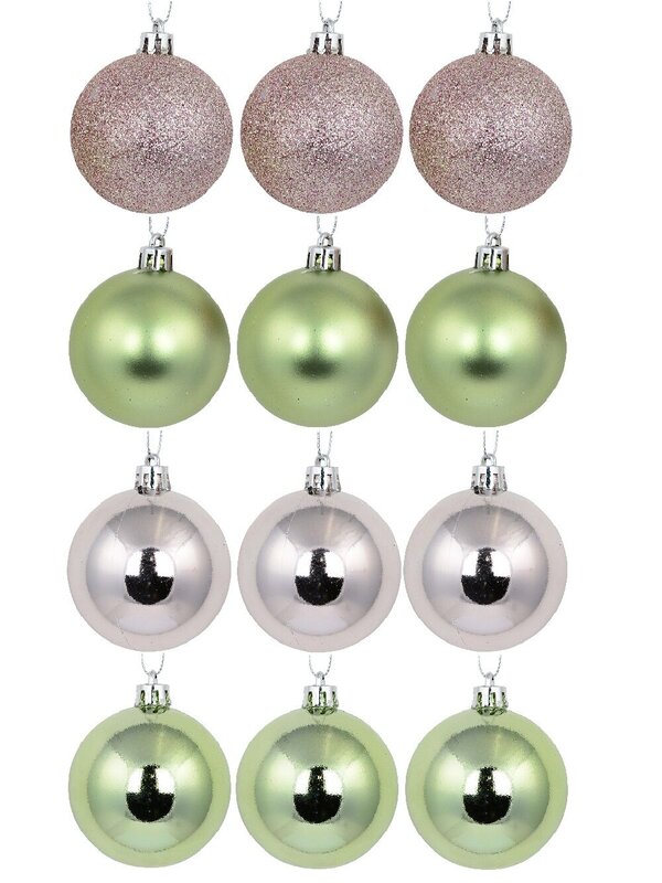 12 x 60mm Pink Metallic & Glitter With Mint Green Metallic & Matte Baubles — image 2
