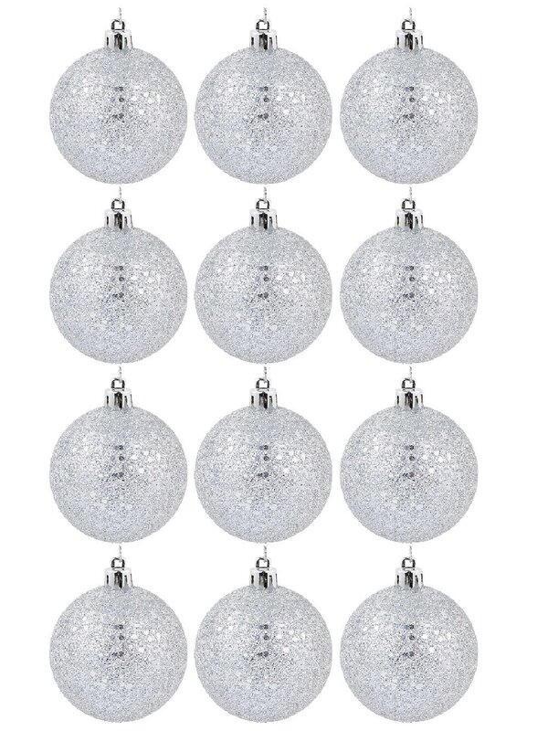 12 x 60mm Silver Metallic Sequins & Glitter Coated Christmas Baubles — image 2