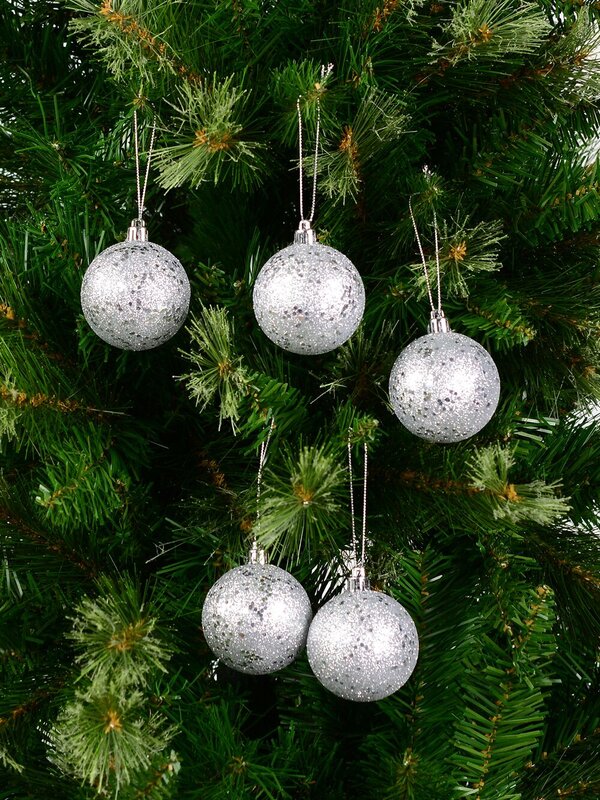 12 x 60mm Silver Metallic Sequins & Glitter Coated Christmas Baubles — image 4