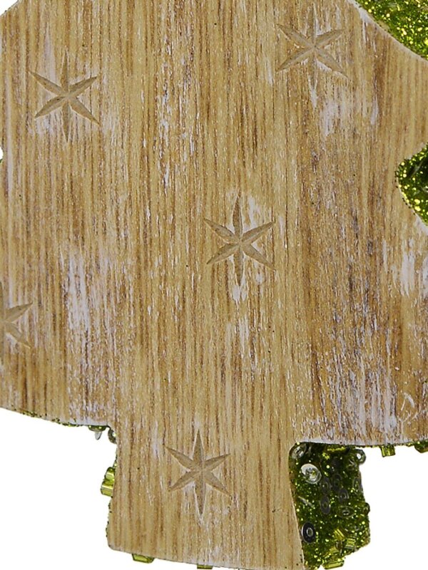 12cm Wood Christmas Tree With Green Glitter Trim Hanging Decoration — image 3