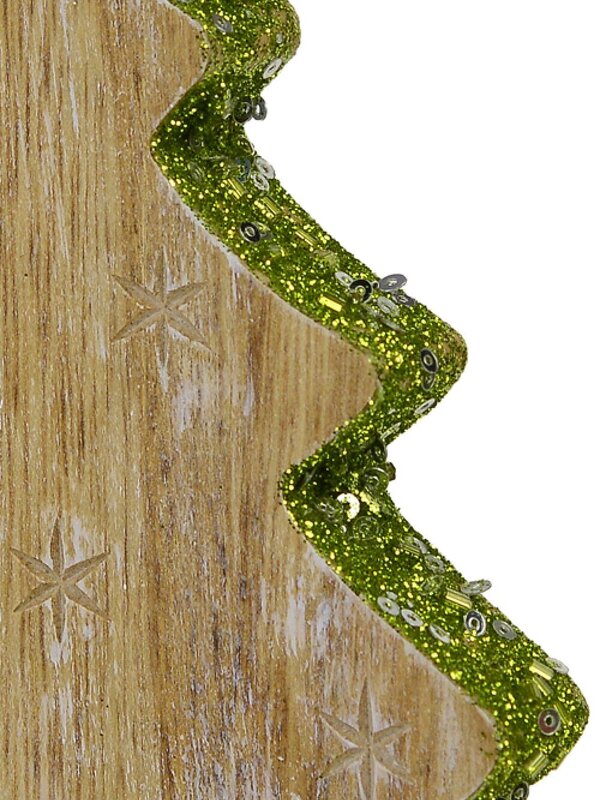 12cm Wood Christmas Tree With Green Glitter Trim Hanging Decoration — image 2